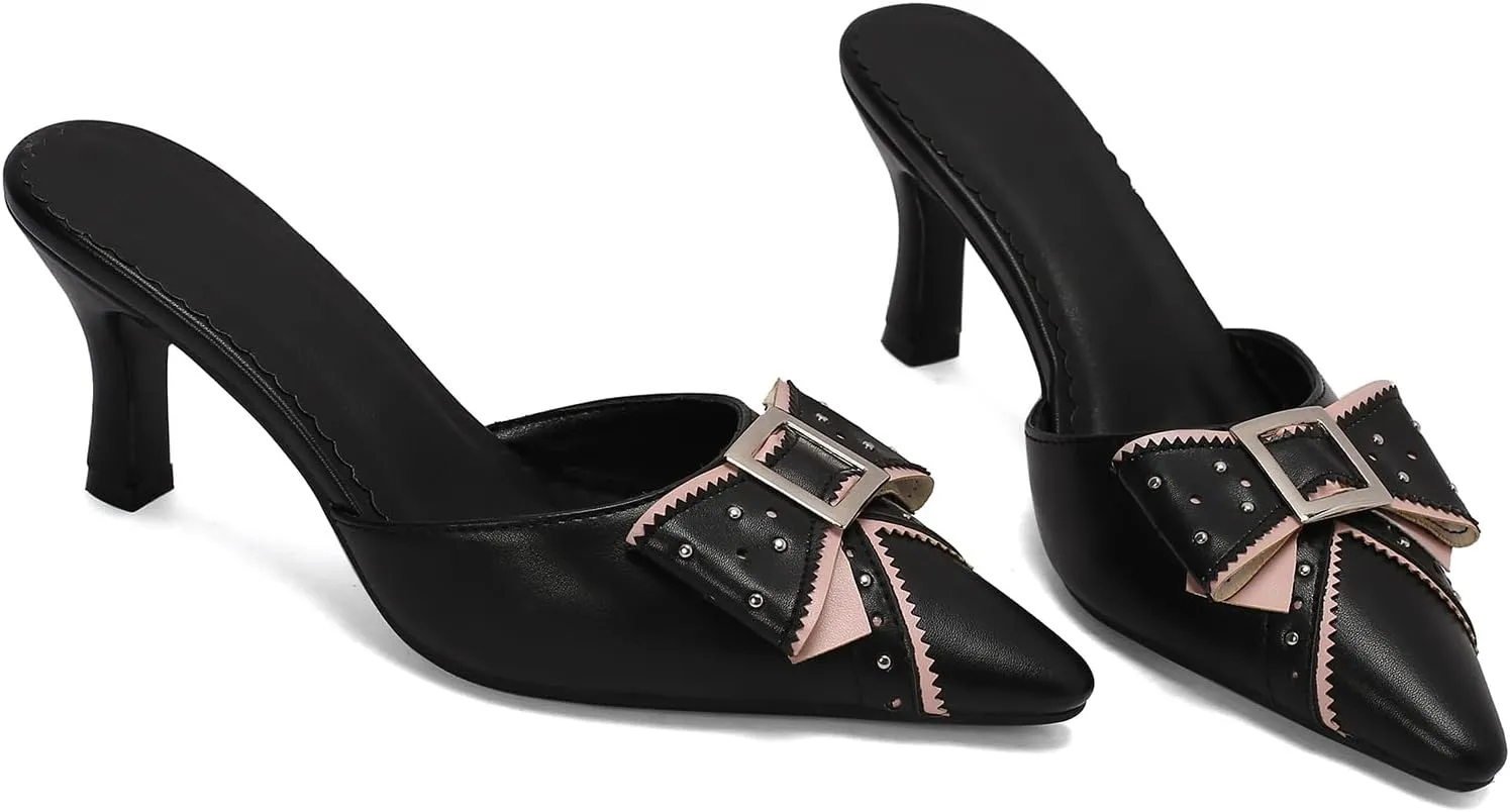 Women's Black Heels, Elegant Bow Pointed-Toe Heels, Sexy Vintage Studded Kitten Heels, Dress Party Wedding Work Backless Mule Pumps