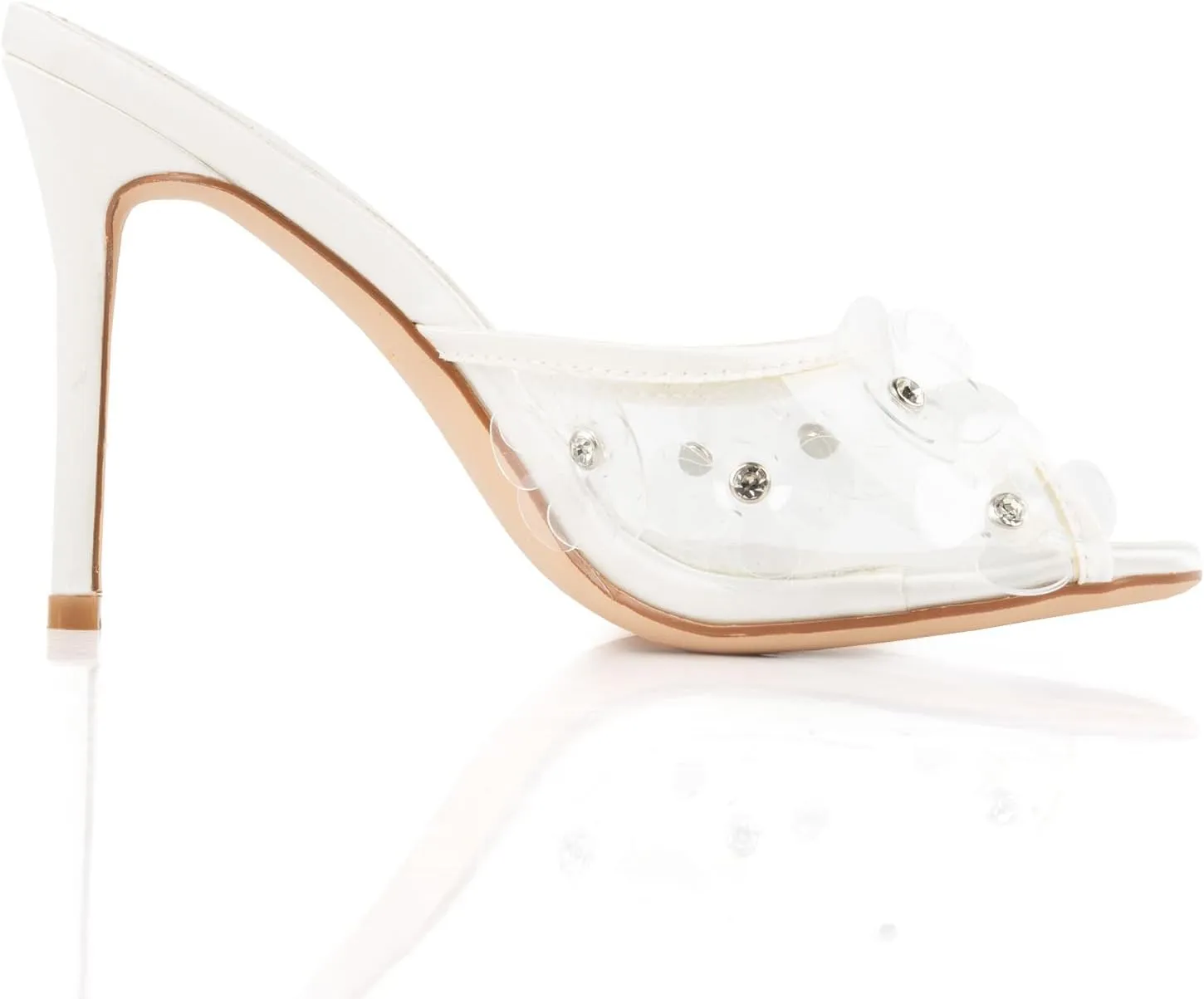 Womens Clear Round Toe Heels Stiletto Sandals Pink Strap High Heeled Mules Cute Crystal Flower Slip on Slippers for Women White Wedding Slides Summer Shoes