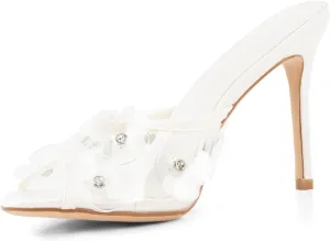 Womens Clear Round Toe Heels Stiletto Sandals Pink Strap High Heeled Mules Cute Crystal Flower Slip on Slippers for Women White Wedding Slides Summer Shoes