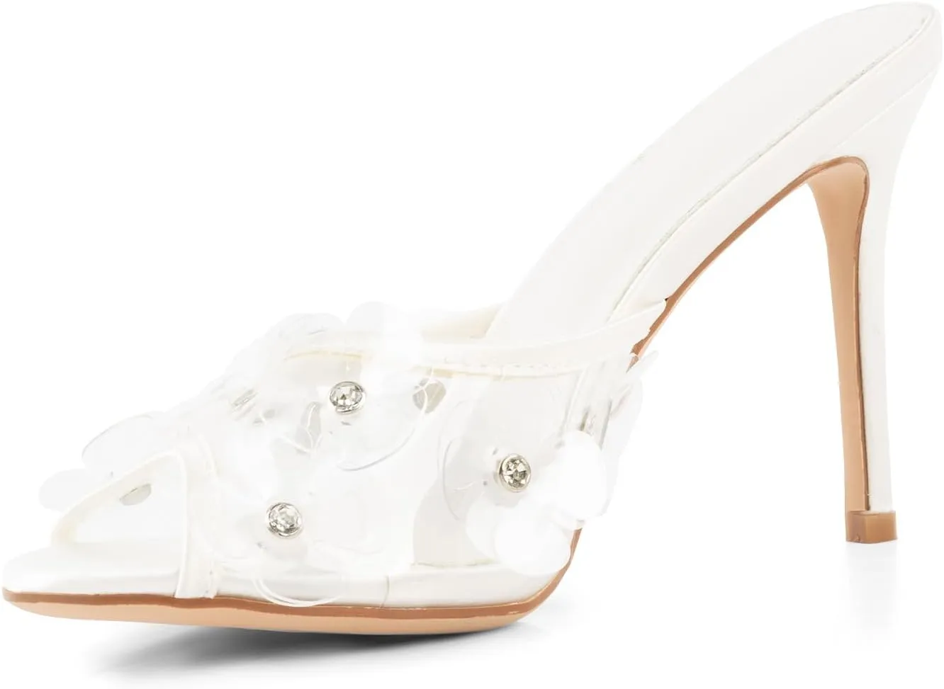 Womens Clear Round Toe Heels Stiletto Sandals Pink Strap High Heeled Mules Cute Crystal Flower Slip on Slippers for Women White Wedding Slides Summer Shoes