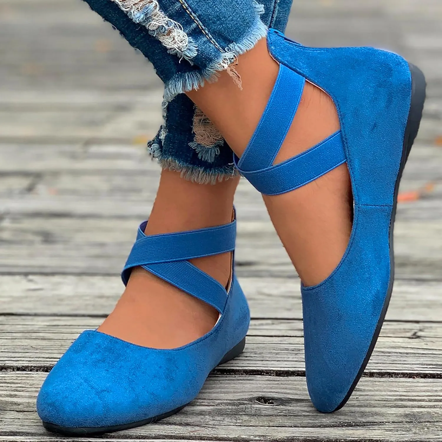 Women's Comfortable Fashion Elastic Ankle Straps Flats Shoes, Flat Shoes Dressy Ballet Flats with Stretch Ankle Straps Square Toe Slip on Walking Shoes Yoga Flat Shoes Slip On Loafers