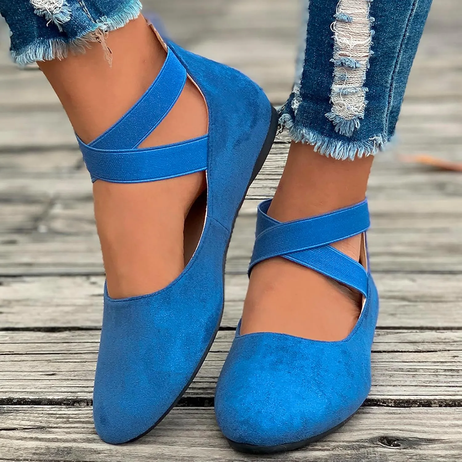 Women's Comfortable Fashion Elastic Ankle Straps Flats Shoes, Flat Shoes Dressy Ballet Flats with Stretch Ankle Straps Square Toe Slip on Walking Shoes Yoga Flat Shoes Slip On Loafers
