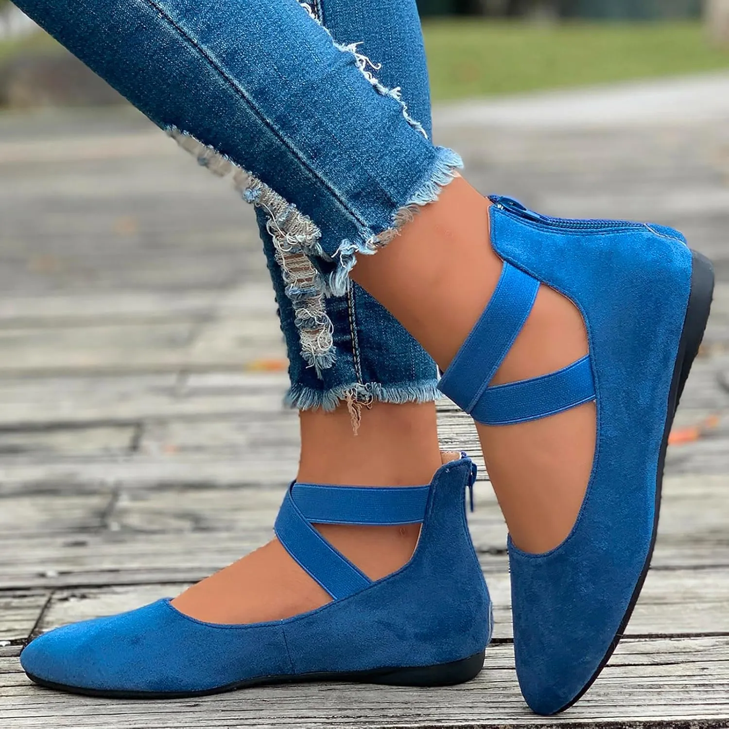 Women's Comfortable Fashion Elastic Ankle Straps Flats Shoes, Flat Shoes Dressy Ballet Flats with Stretch Ankle Straps Square Toe Slip on Walking Shoes Yoga Flat Shoes Slip On Loafers