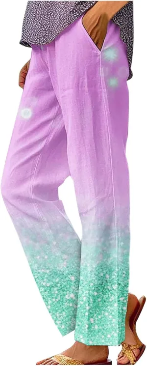 Womens Cotton Linen Pants Elastic High Waist Straight Leg Loose Comfy Lounge Pants Casual Slacks Summer Trousers