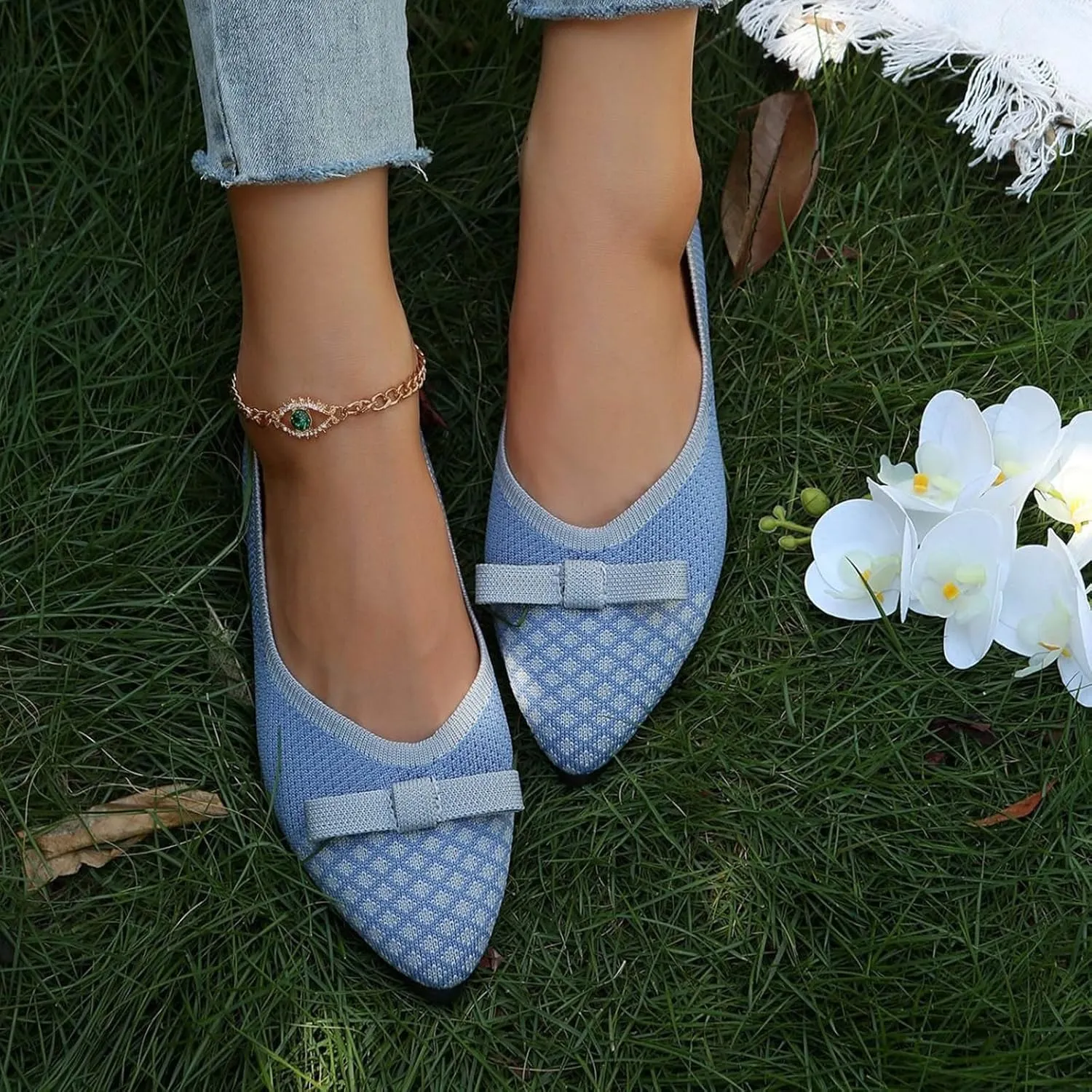 Women's Dress Flat Ballet Low Ladies Bow Flat Casual Single Shoes Women's Fashion Casual Shoes Knit Dress Shoes