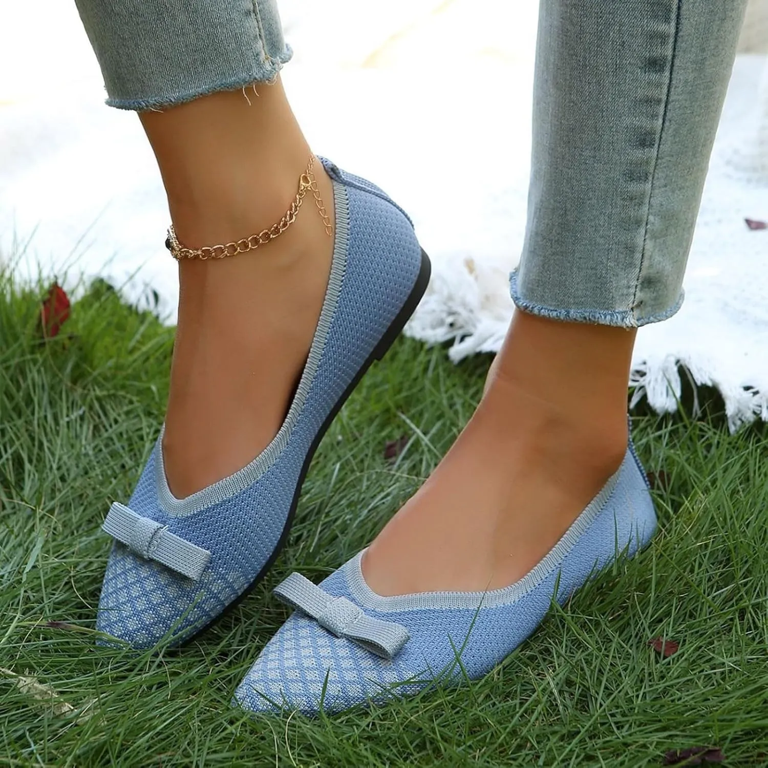 Women's Dress Flat Ballet Low Ladies Bow Flat Casual Single Shoes Women's Fashion Casual Shoes Knit Dress Shoes
