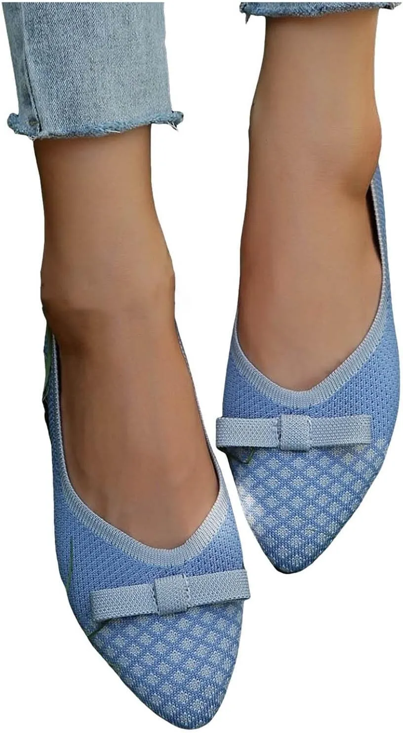 Women's Dress Flat Ballet Low Ladies Bow Flat Casual Single Shoes Women's Fashion Casual Shoes Knit Dress Shoes
