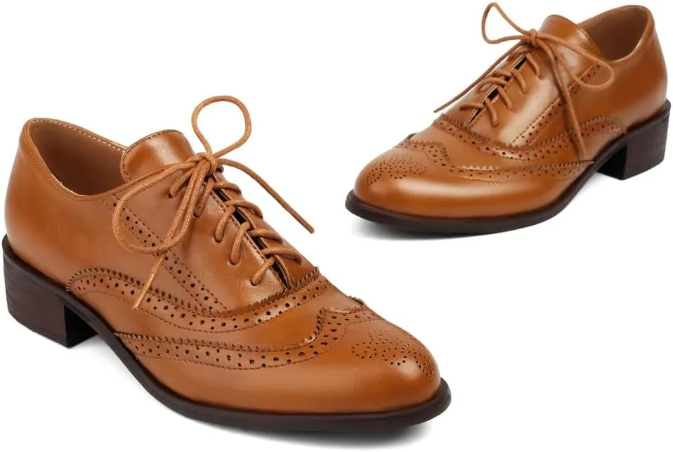 Women's Flat Saddle Oxford Shoes Round Toe Wingtip Perforated Lace Up Low Heel School Uniform Oxfords Brogues