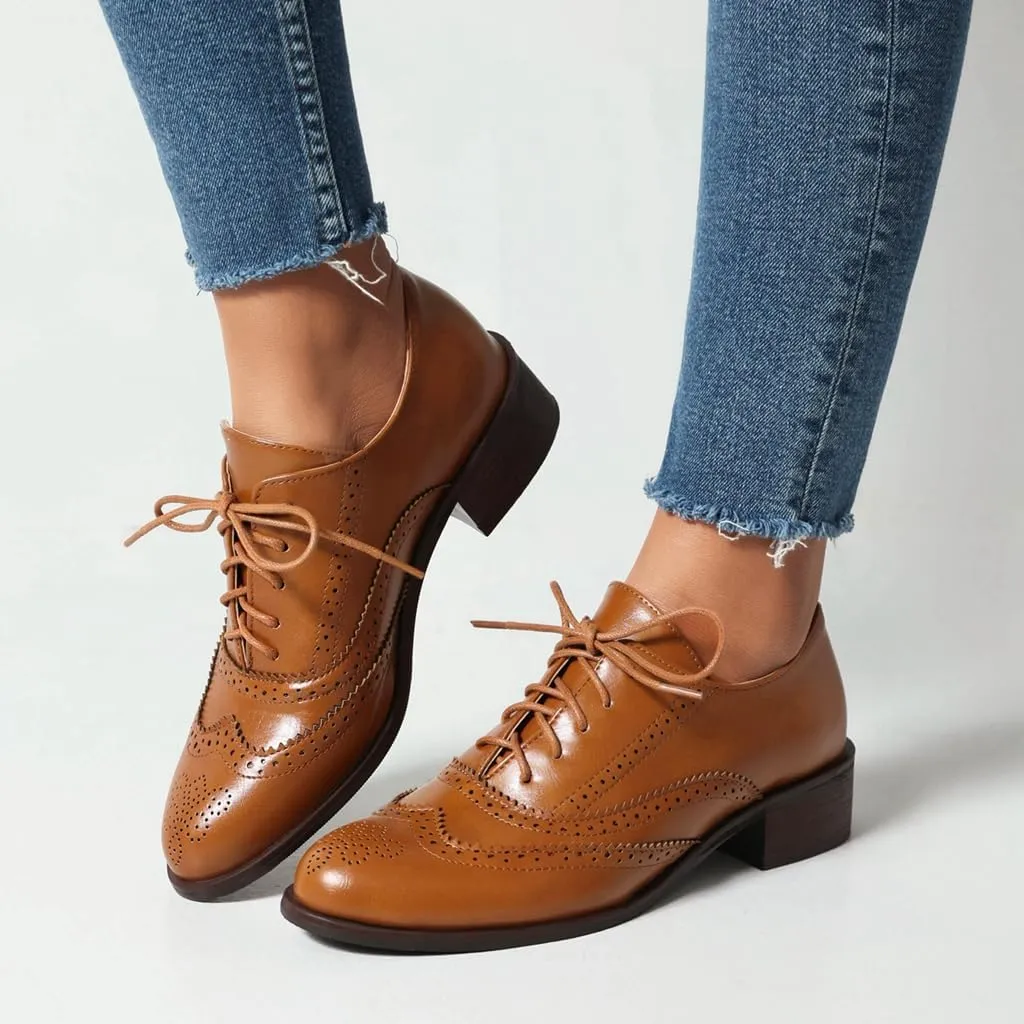 Women's Flat Saddle Oxford Shoes Round Toe Wingtip Perforated Lace Up Low Heel School Uniform Oxfords Brogues