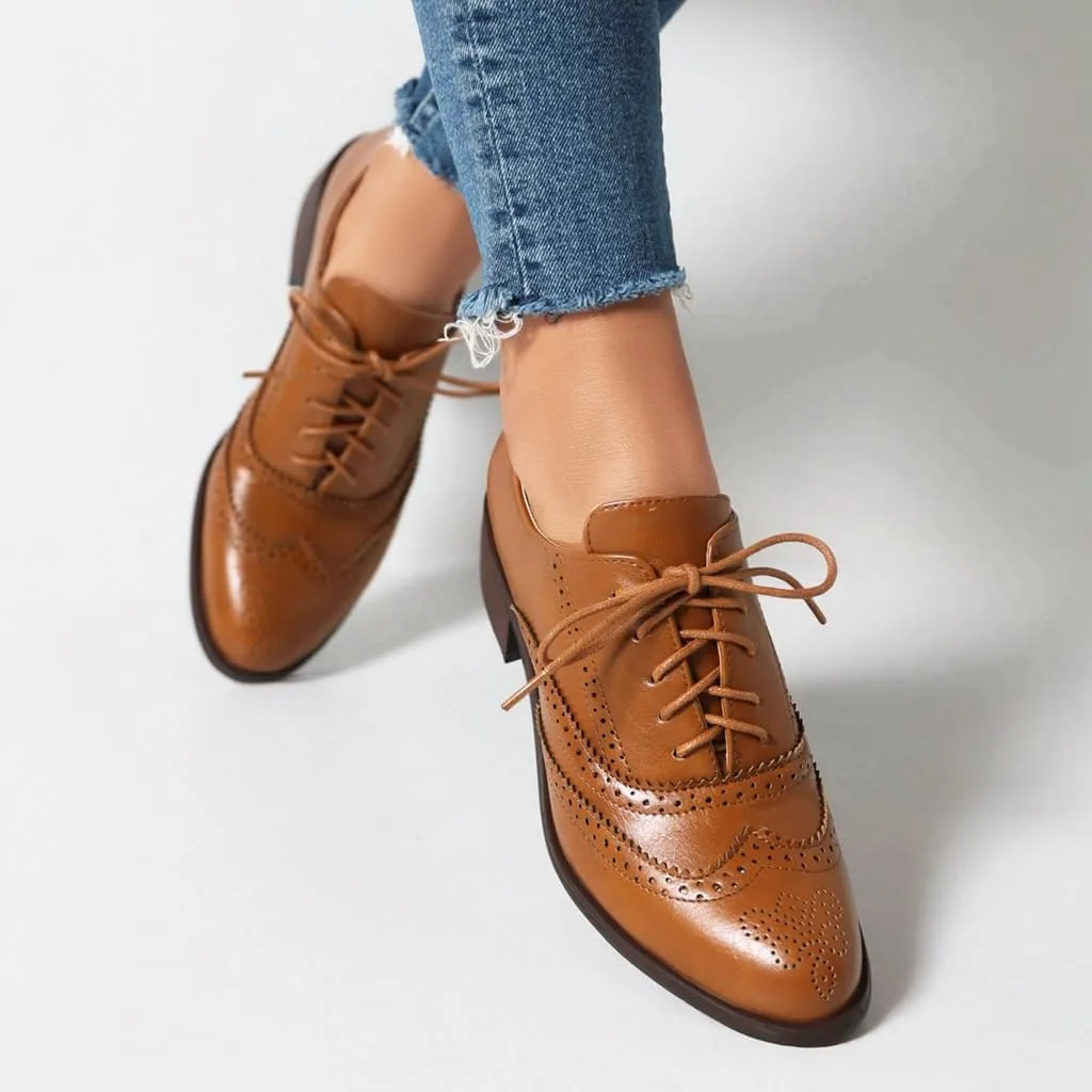 Women's Flat Saddle Oxford Shoes Round Toe Wingtip Perforated Lace Up Low Heel School Uniform Oxfords Brogues