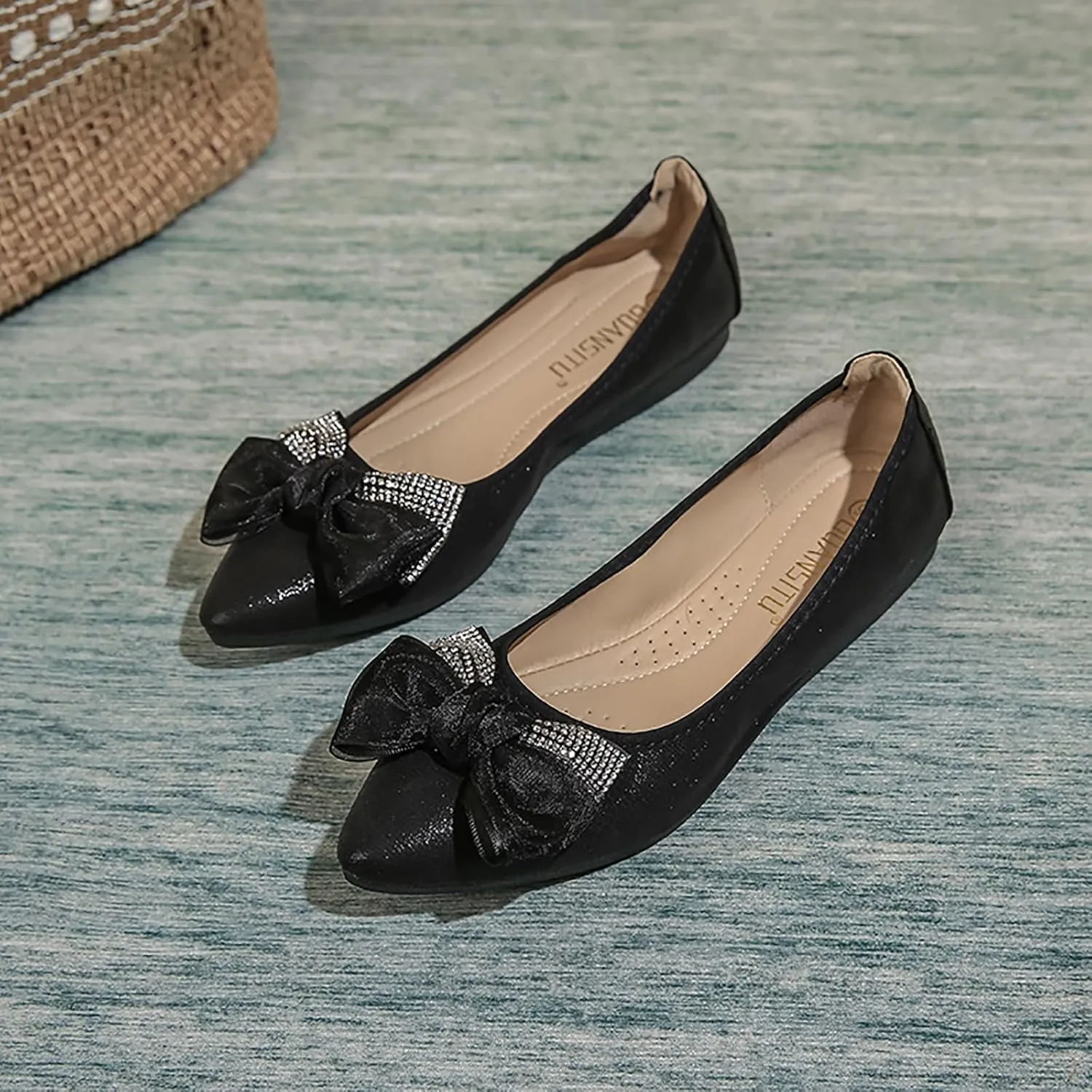 Women's Flats, Foldable Ballet Flats for Women, Fashion Bow Tie Pionted Toe Comfort Lightweight Slip-On Dress Shoes