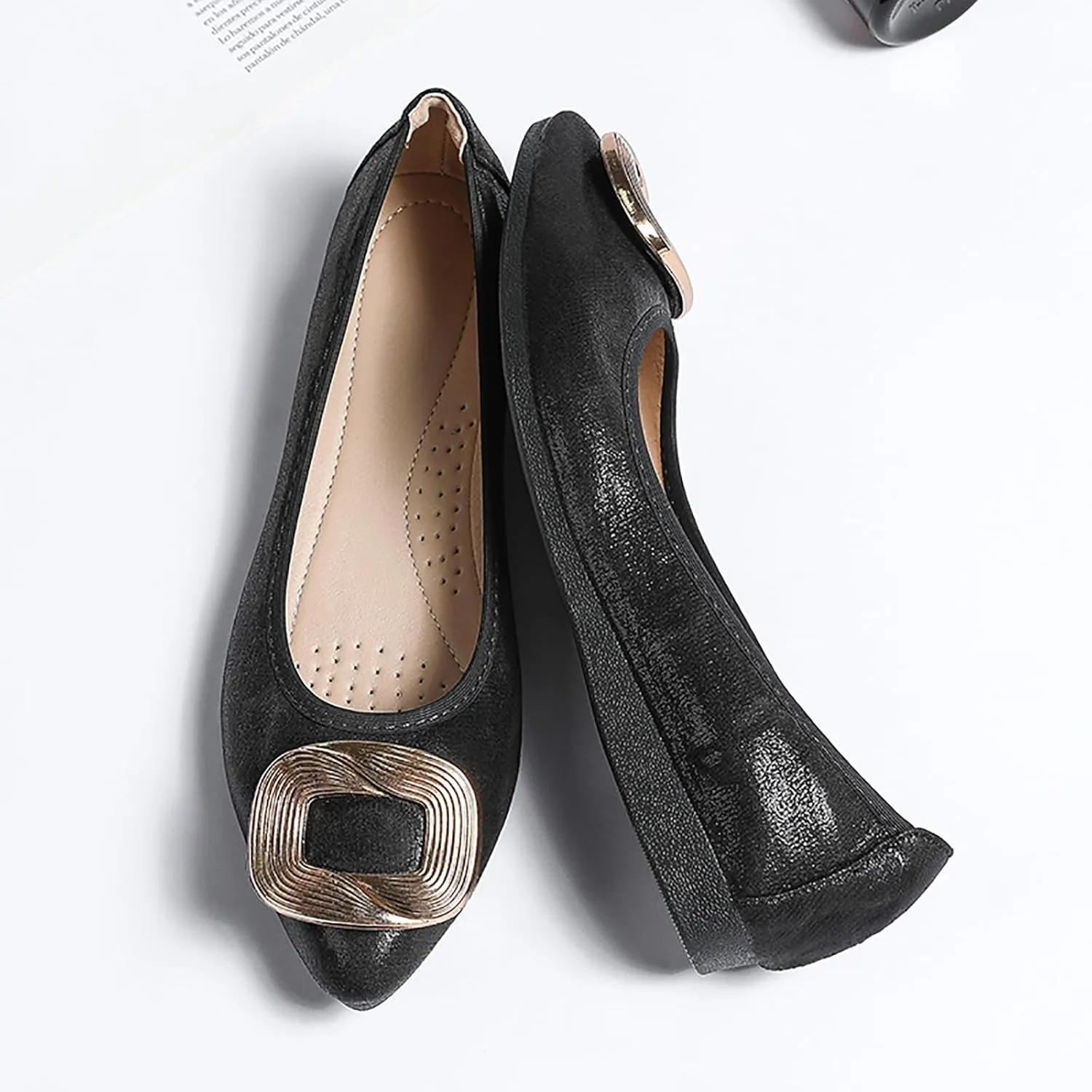 Women's Flats, Foldable Ballet Flats for Women, Fashion Buckle Pionted Toe Comfort Light Weight Slip-On Dress Shoes