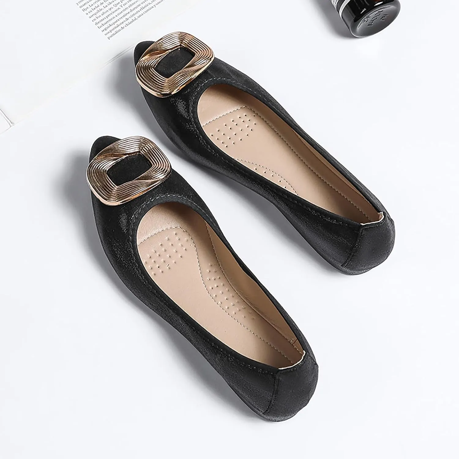 Women's Flats, Foldable Ballet Flats for Women, Fashion Buckle Pionted Toe Comfort Light Weight Slip-On Dress Shoes