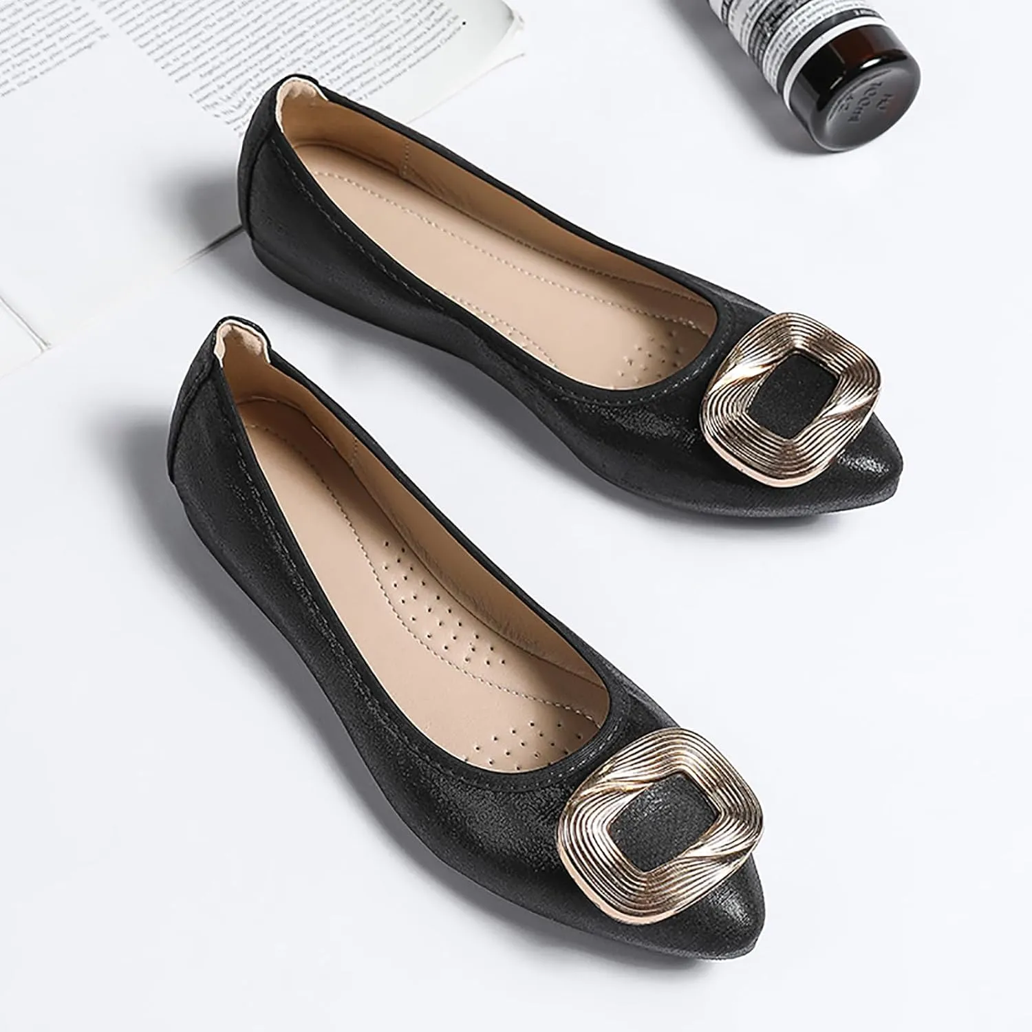 Women's Flats, Foldable Ballet Flats for Women, Fashion Buckle Pionted Toe Comfort Light Weight Slip-On Dress Shoes