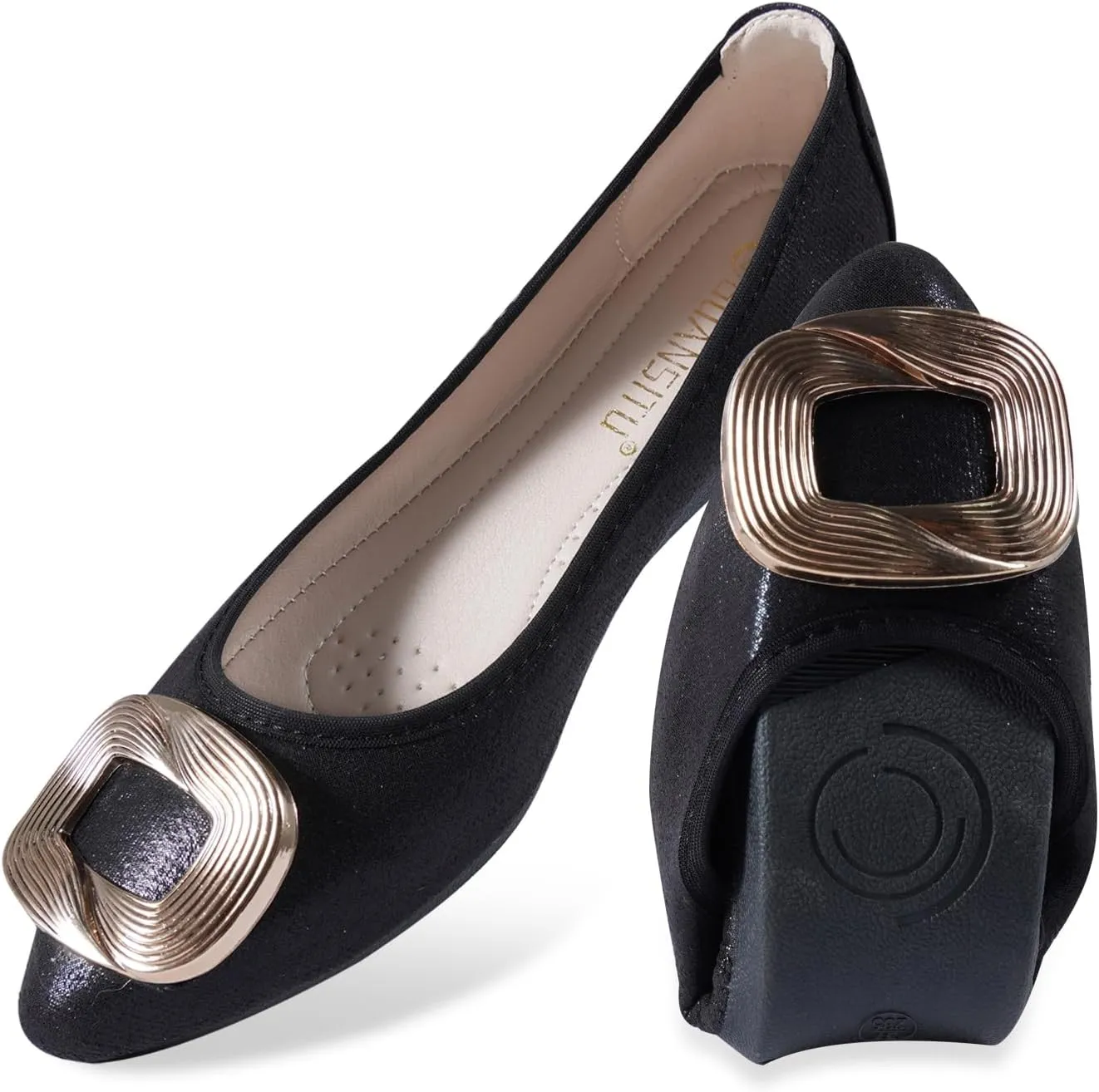 Women's Flats, Foldable Ballet Flats for Women, Fashion Buckle Pionted Toe Comfort Light Weight Slip-On Dress Shoes