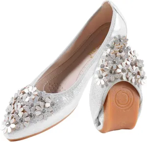 Women's Flats, Foldable Ballet Flats for Women, Flower Pionted Toe Comfort Light Weight Slip-On Dress Shoes