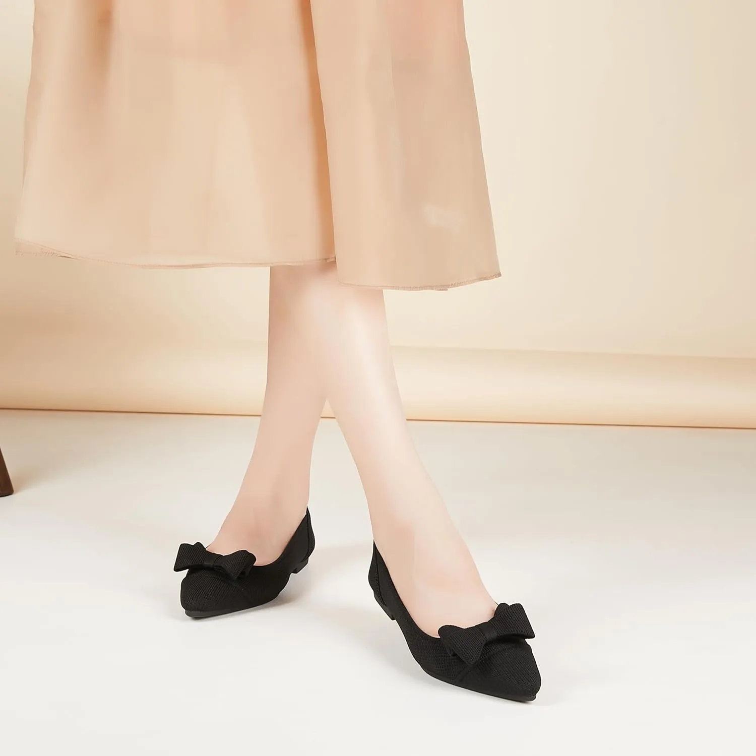 Womens Flats Shoes Pointed Toe Knit Mesh Ballet Flats with Bowknot Comfortable Dressy Washable Flat