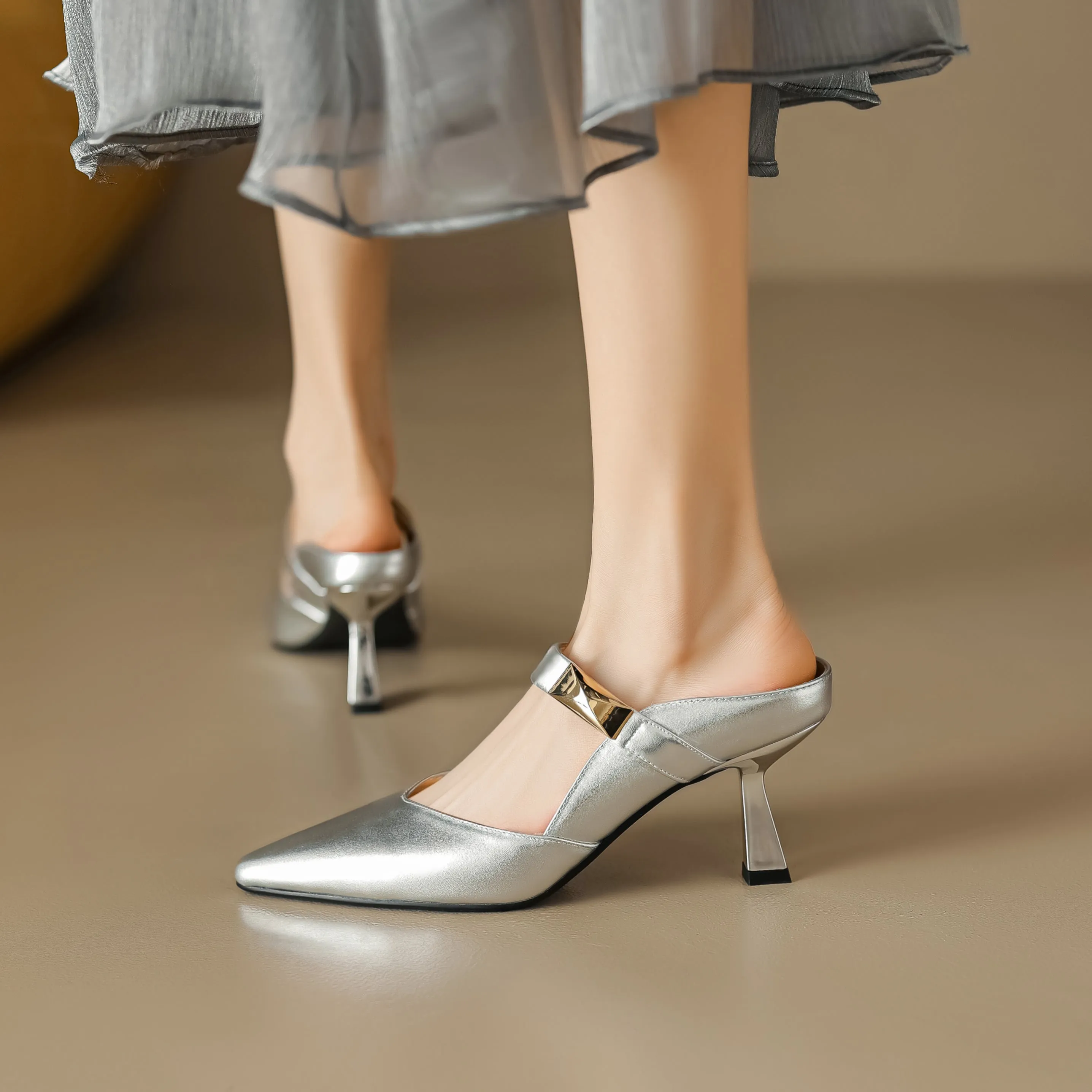 Women's Handmade Leather Pointed Toe High Heel Stiletto Mule Shoes