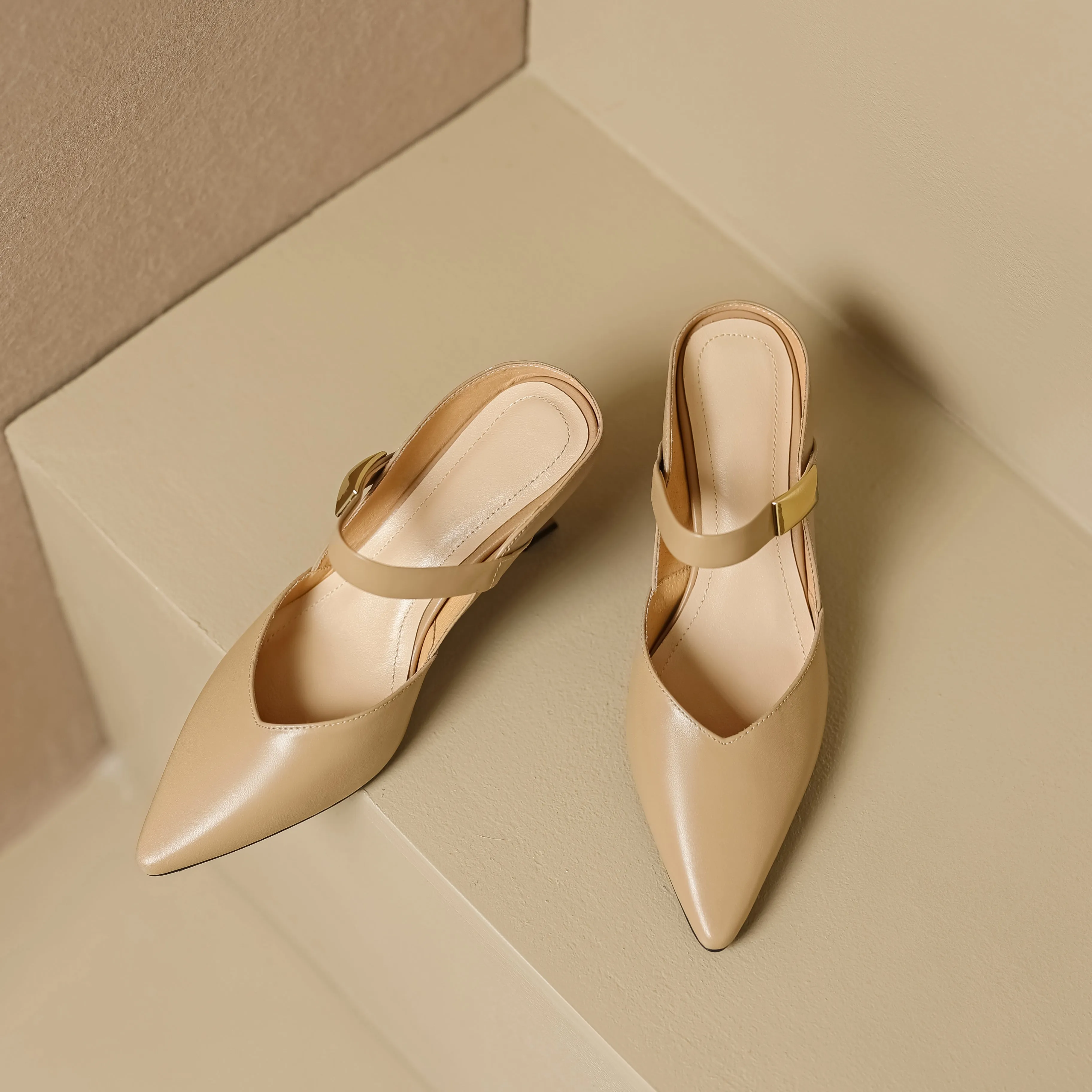 Women's Handmade Leather Pointed Toe High Heel Stiletto Mule Shoes