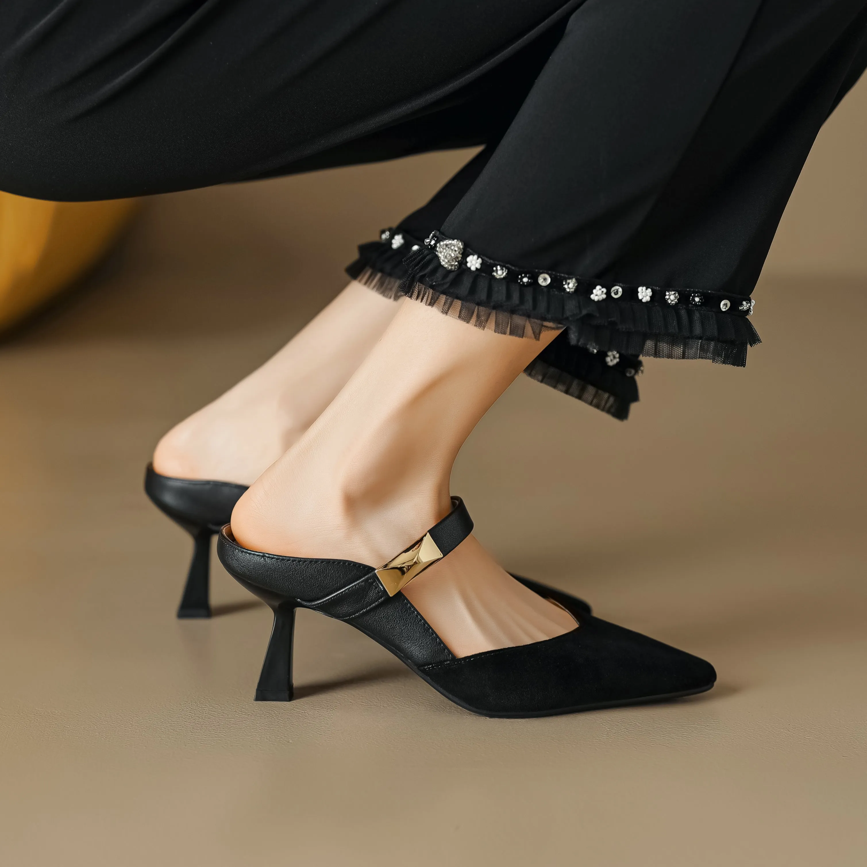 Women's Handmade Leather Pointed Toe High Heel Stiletto Mule Shoes