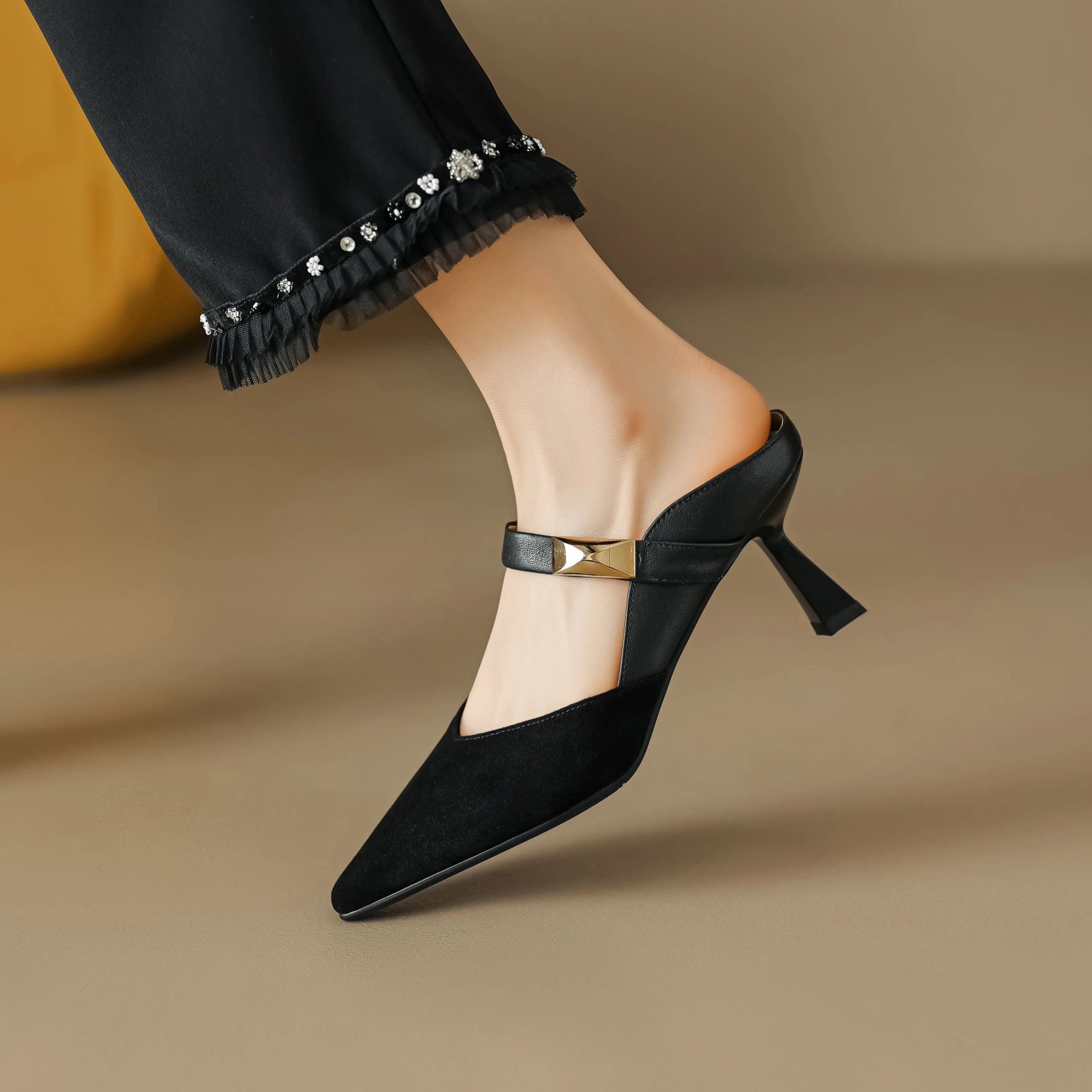 Women's Handmade Leather Pointed Toe High Heel Stiletto Mule Shoes