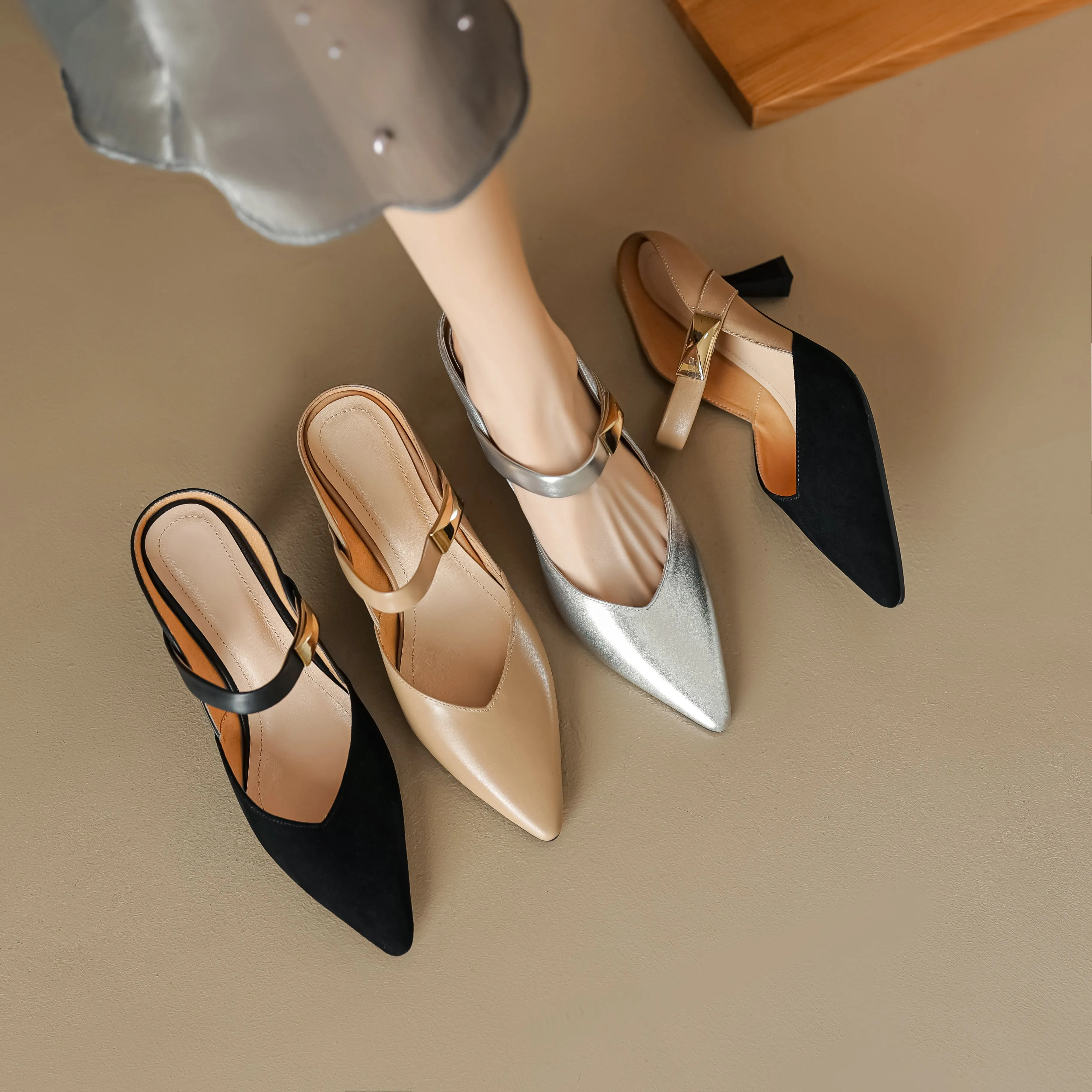 Women's Handmade Leather Pointed Toe High Heel Stiletto Mule Shoes