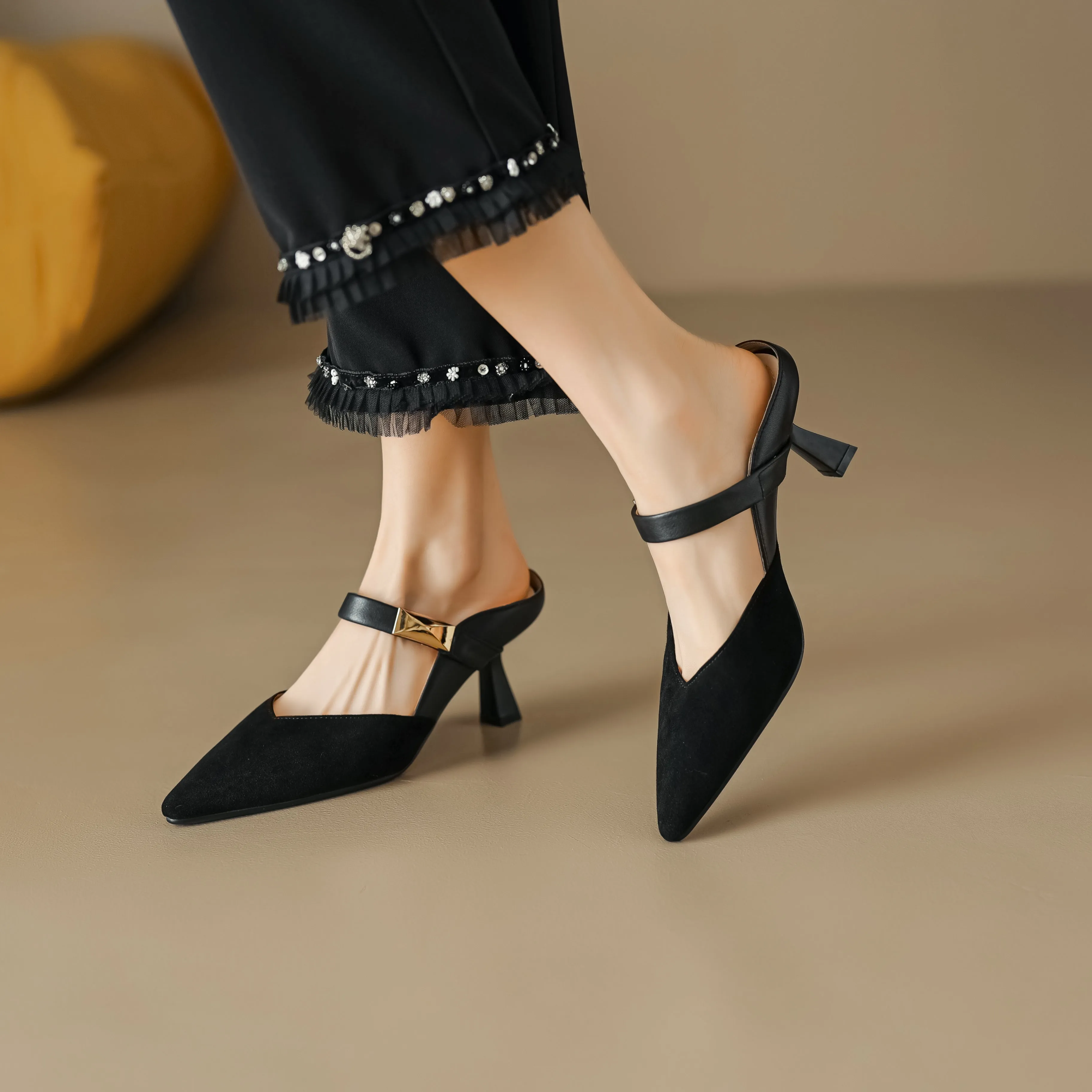 Women's Handmade Leather Pointed Toe High Heel Stiletto Mule Shoes