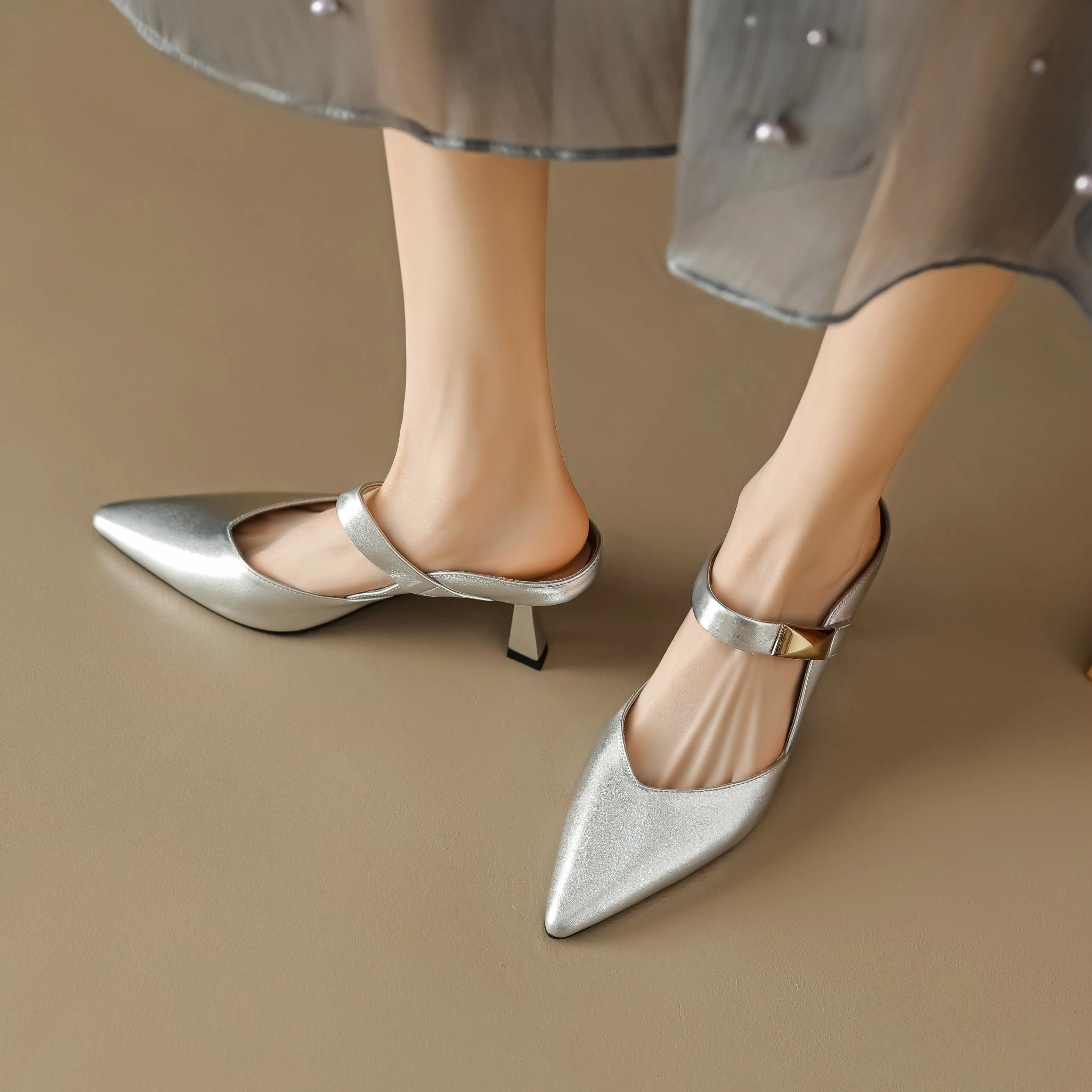 Women's Handmade Leather Pointed Toe High Heel Stiletto Mule Shoes