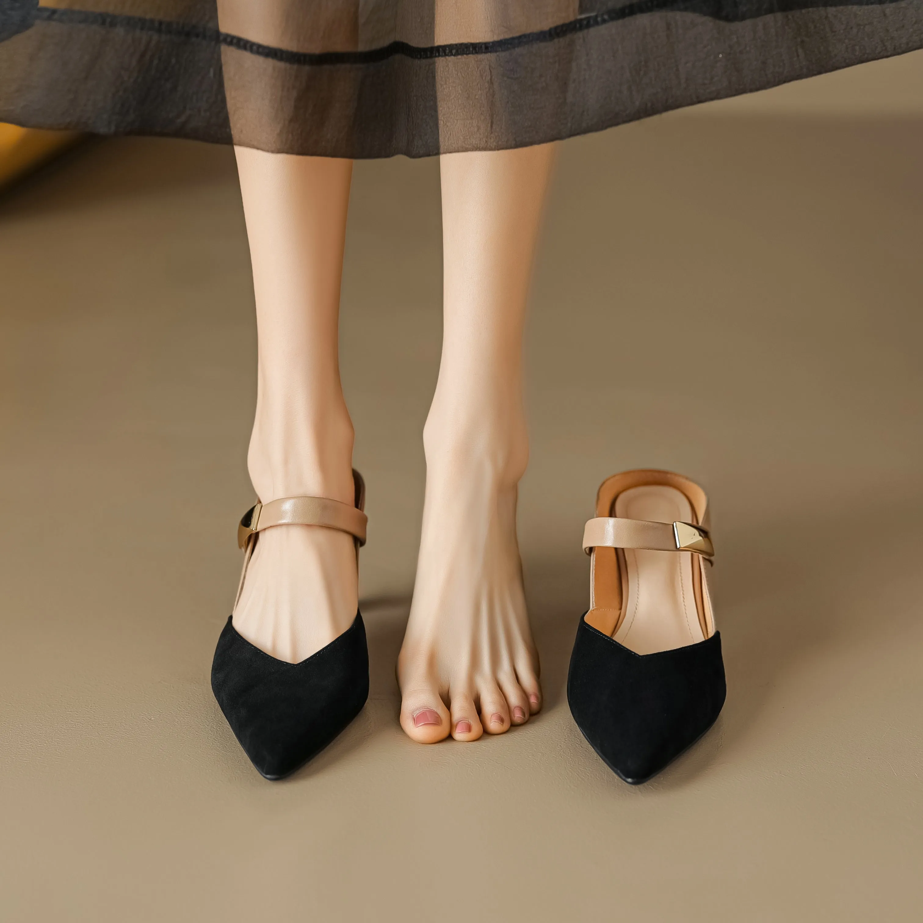 Women's Handmade Leather Pointed Toe High Heel Stiletto Mule Shoes
