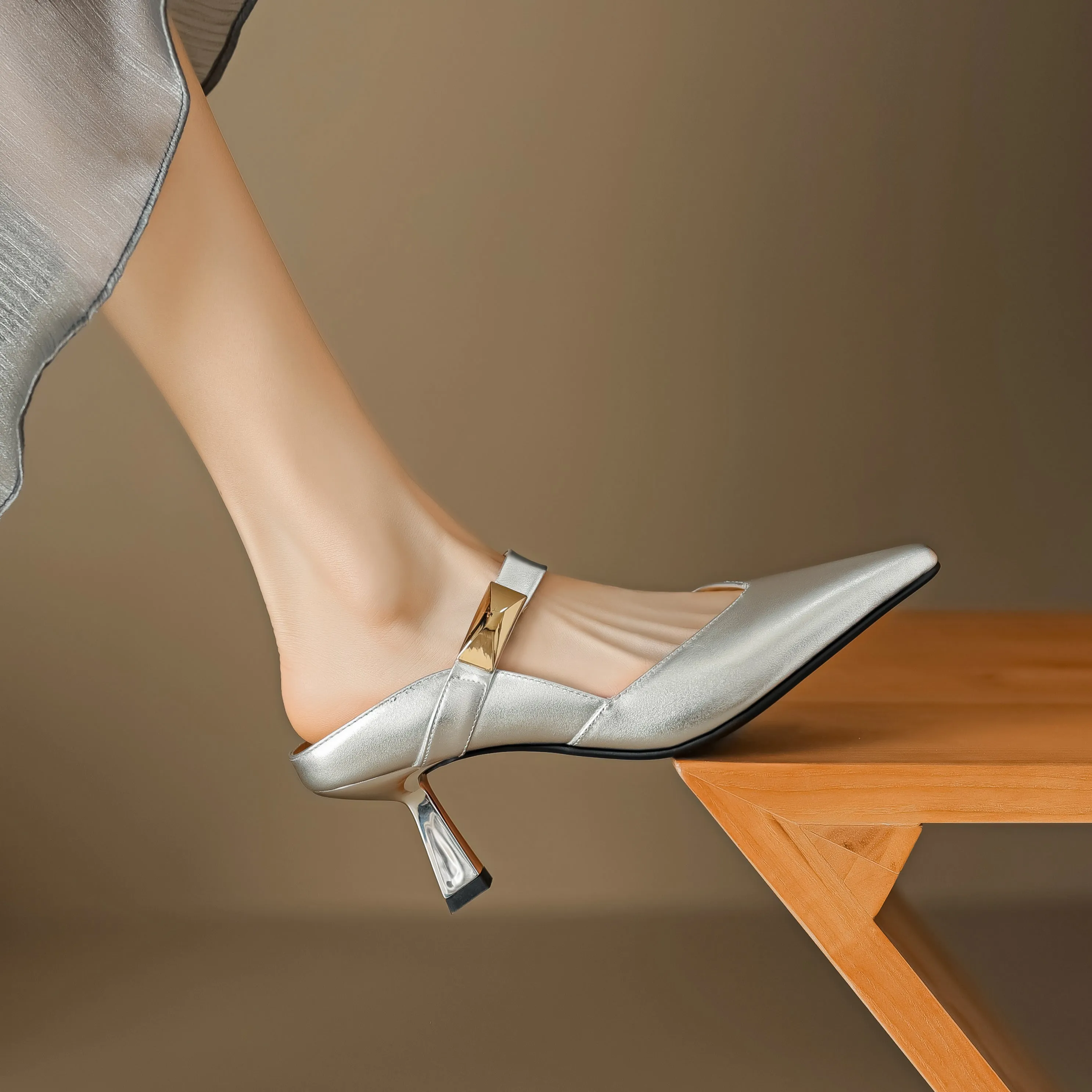 Women's Handmade Leather Pointed Toe High Heel Stiletto Mule Shoes