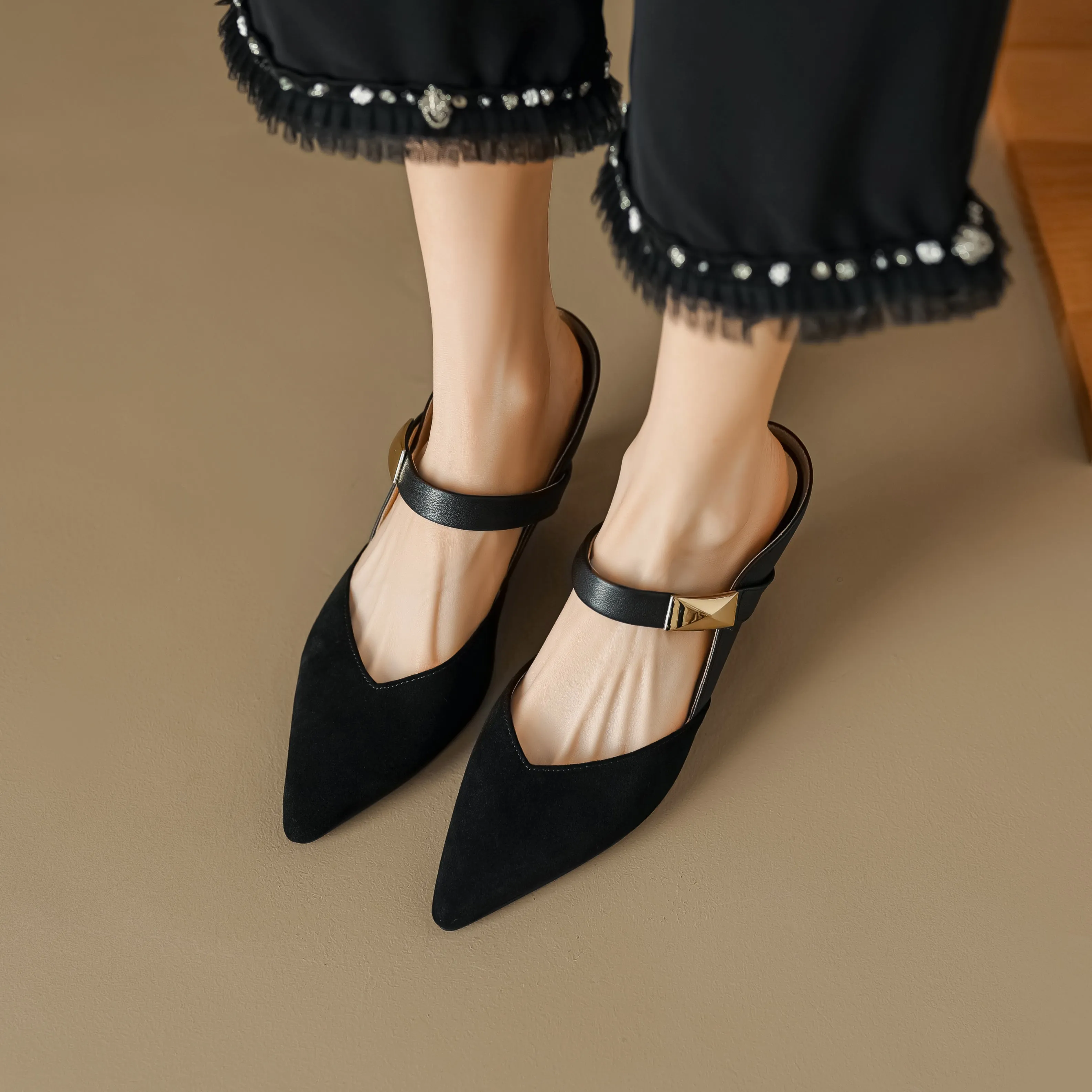 Women's Handmade Leather Pointed Toe High Heel Stiletto Mule Shoes