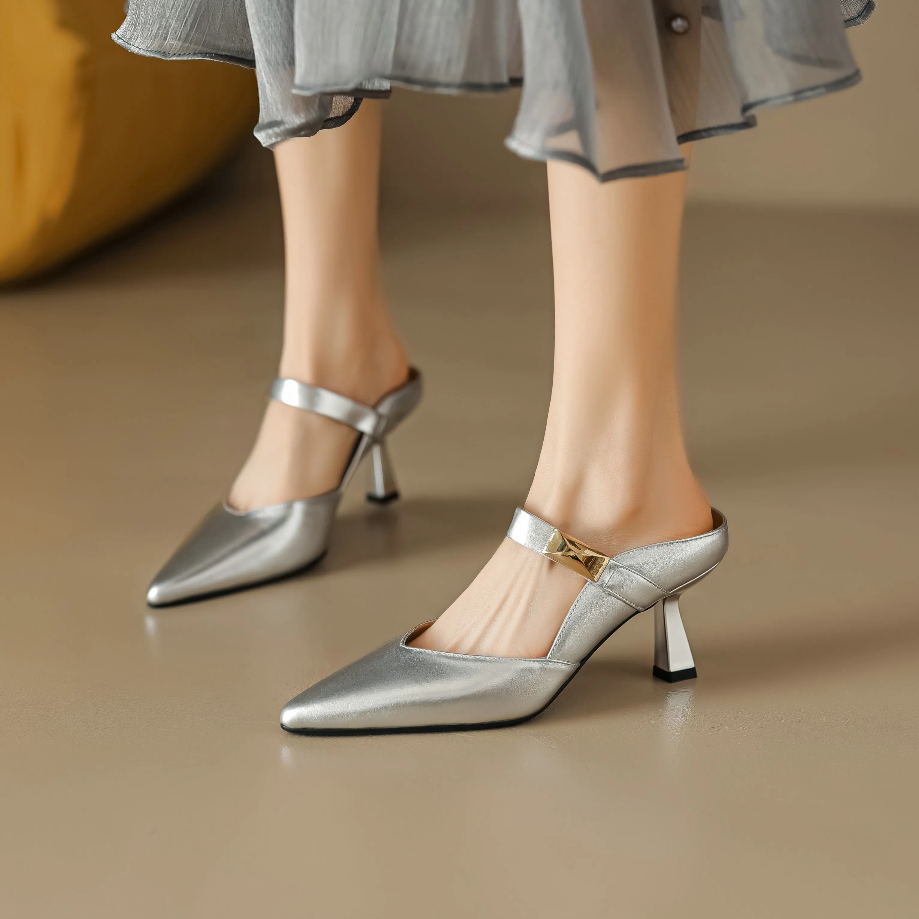 Women's Handmade Leather Pointed Toe High Heel Stiletto Mule Shoes