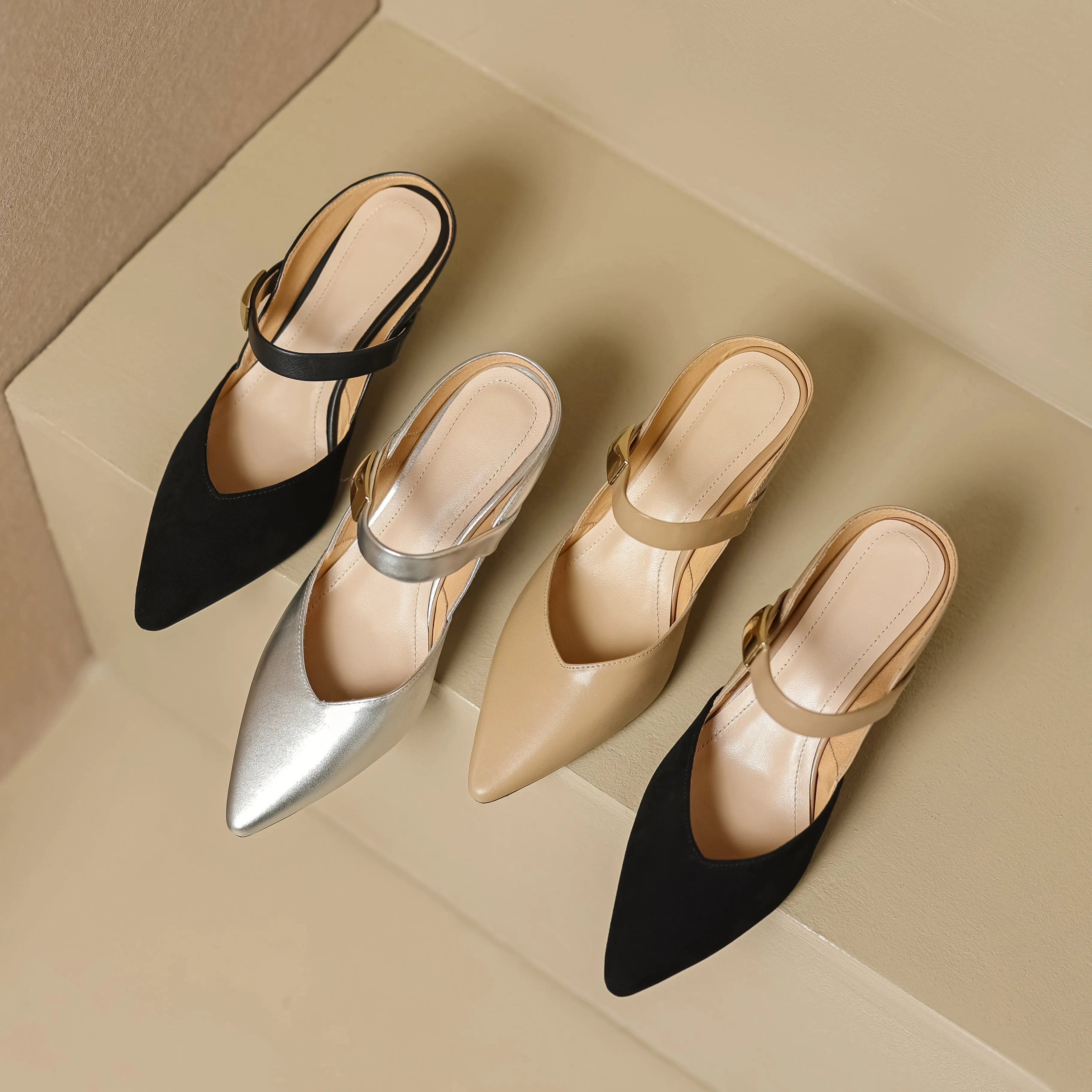 Women's Handmade Leather Pointed Toe High Heel Stiletto Mule Shoes