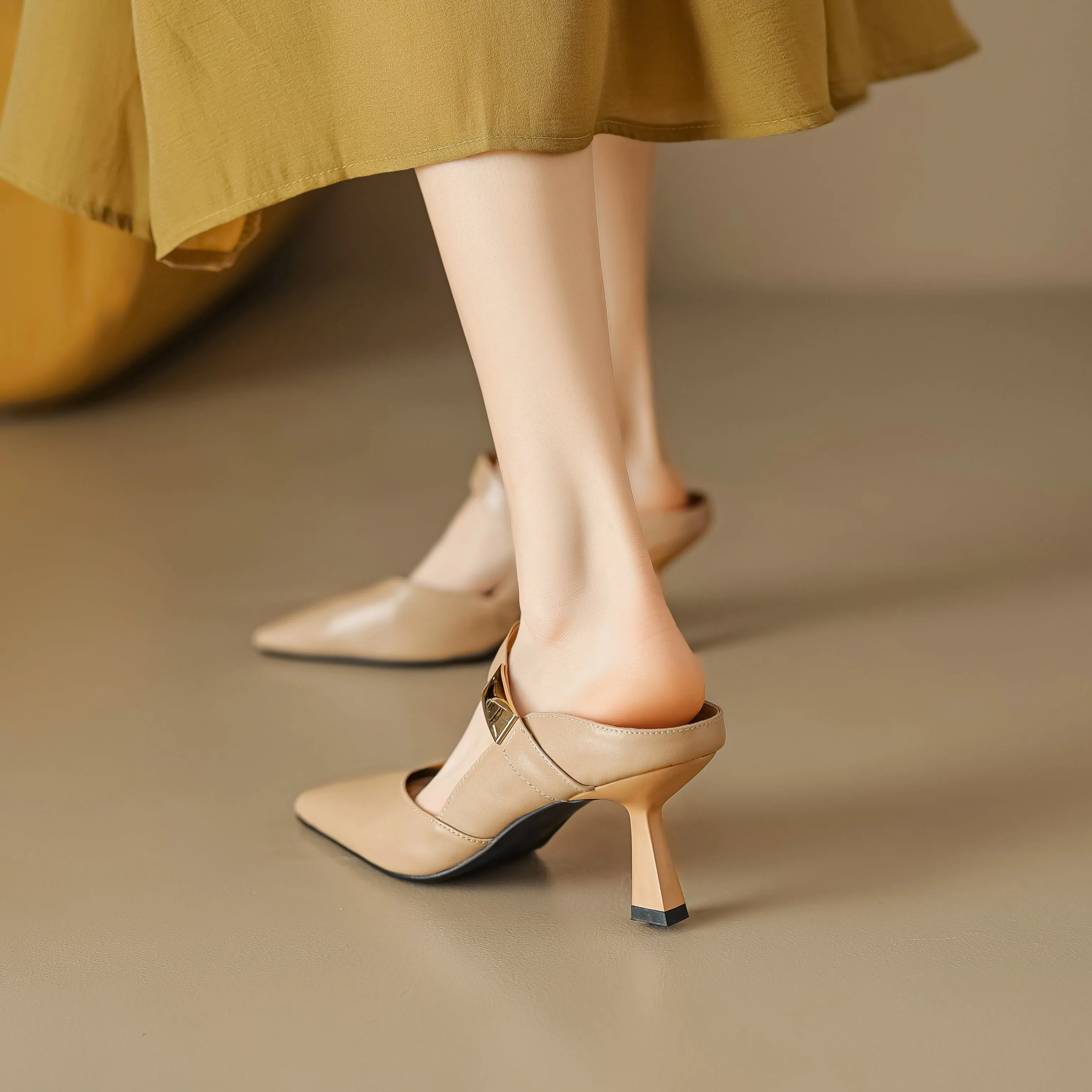 Women's Handmade Leather Pointed Toe High Heel Stiletto Mule Shoes