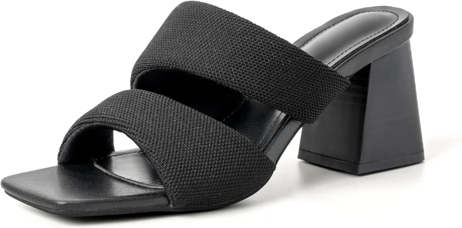 Women's Heeled Sandals Square Open Toe Two Strap Block Chunky Heels for Women Slip On Mules Sandals Black Nude White Strappy Heels for Women Dressy Wedding Party