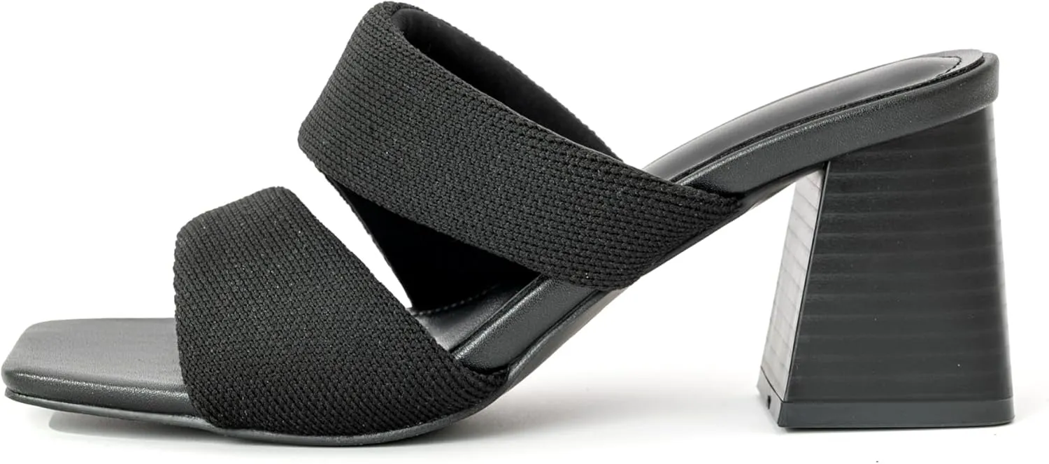 Women's Heeled Sandals Square Open Toe Two Strap Block Chunky Heels for Women Slip On Mules Sandals Black Nude White Strappy Heels for Women Dressy Wedding Party