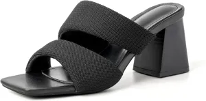 Women's Heeled Sandals Square Open Toe Two Strap Block Chunky Heels for Women Slip On Mules Sandals Black Nude White Strappy Heels for Women Dressy Wedding Party