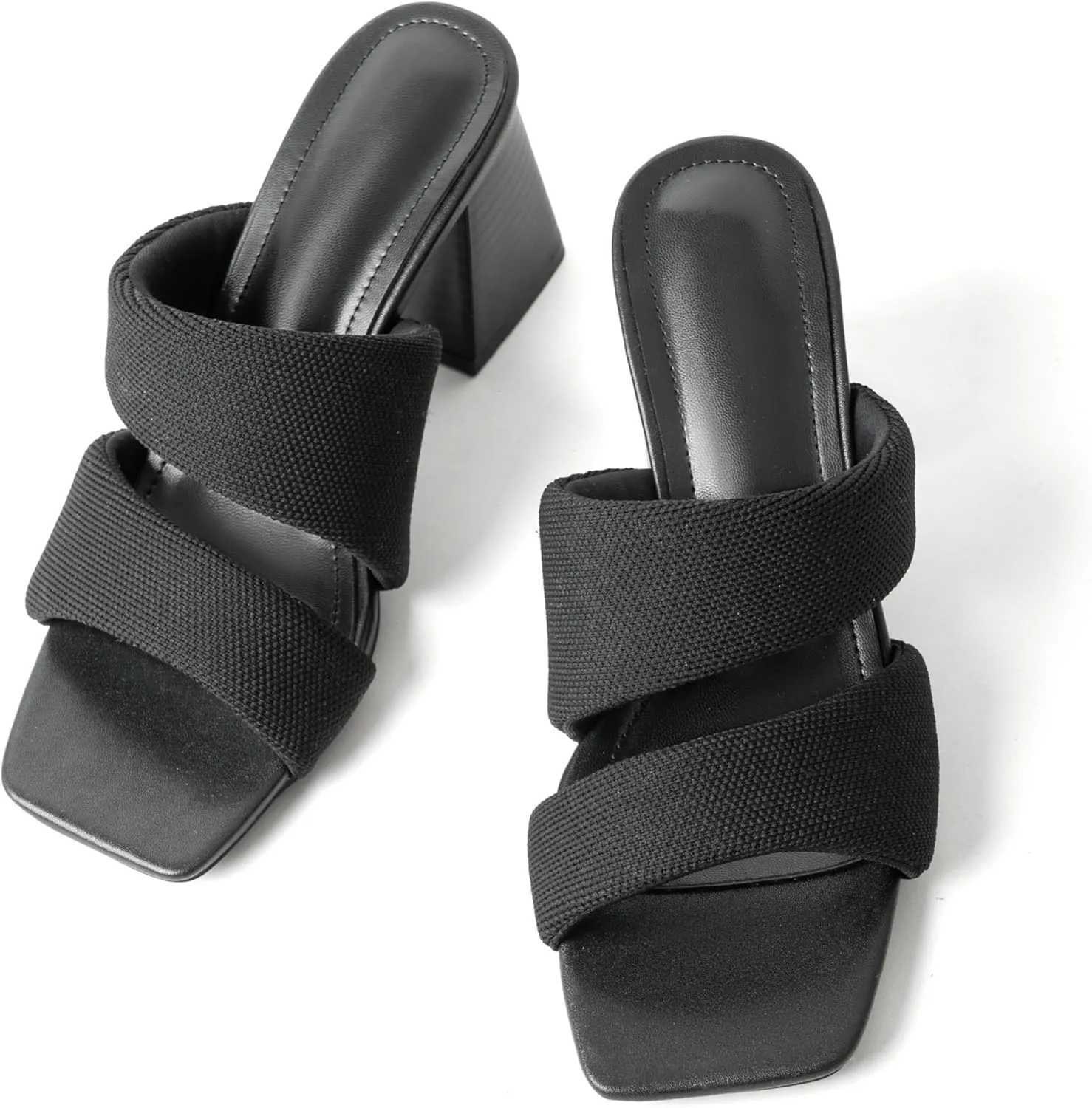 Women's Heeled Sandals Square Open Toe Two Strap Block Chunky Heels for Women Slip On Mules Sandals Black Nude White Strappy Heels for Women Dressy Wedding Party