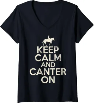 Womens Keep Calm and Canter on Horse Trainer V-Neck T-Shirt