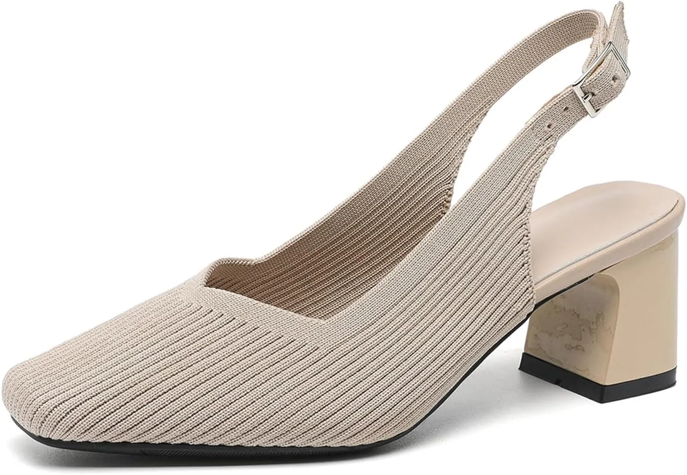 Womens Knit Slingback Low Chunky Block Heel Pumps with Elastic Ankle Strap Comfort Closed Square Toe Block Heel Backless Dress Shoes for Evening Party Bride Wedding