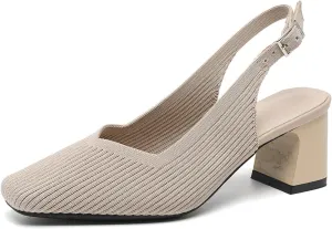 Womens Knit Slingback Low Chunky Block Heel Pumps with Elastic Ankle Strap Comfort Closed Square Toe Block Heel Backless Dress Shoes for Evening Party Bride Wedding