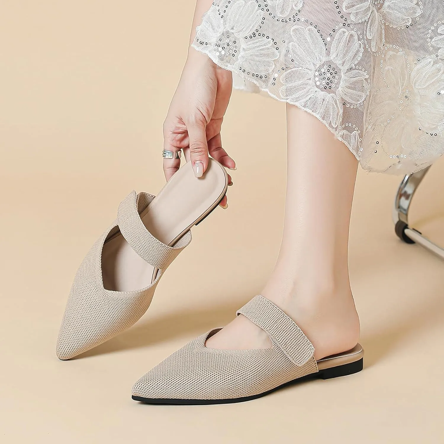 Women's Knitted Pointed Toe Flat Mules Summer Fashion Hook&Loop Slide Slippers Comfortable Slip On Breathable Backless Mesh Casual Flats Sandals mules for women