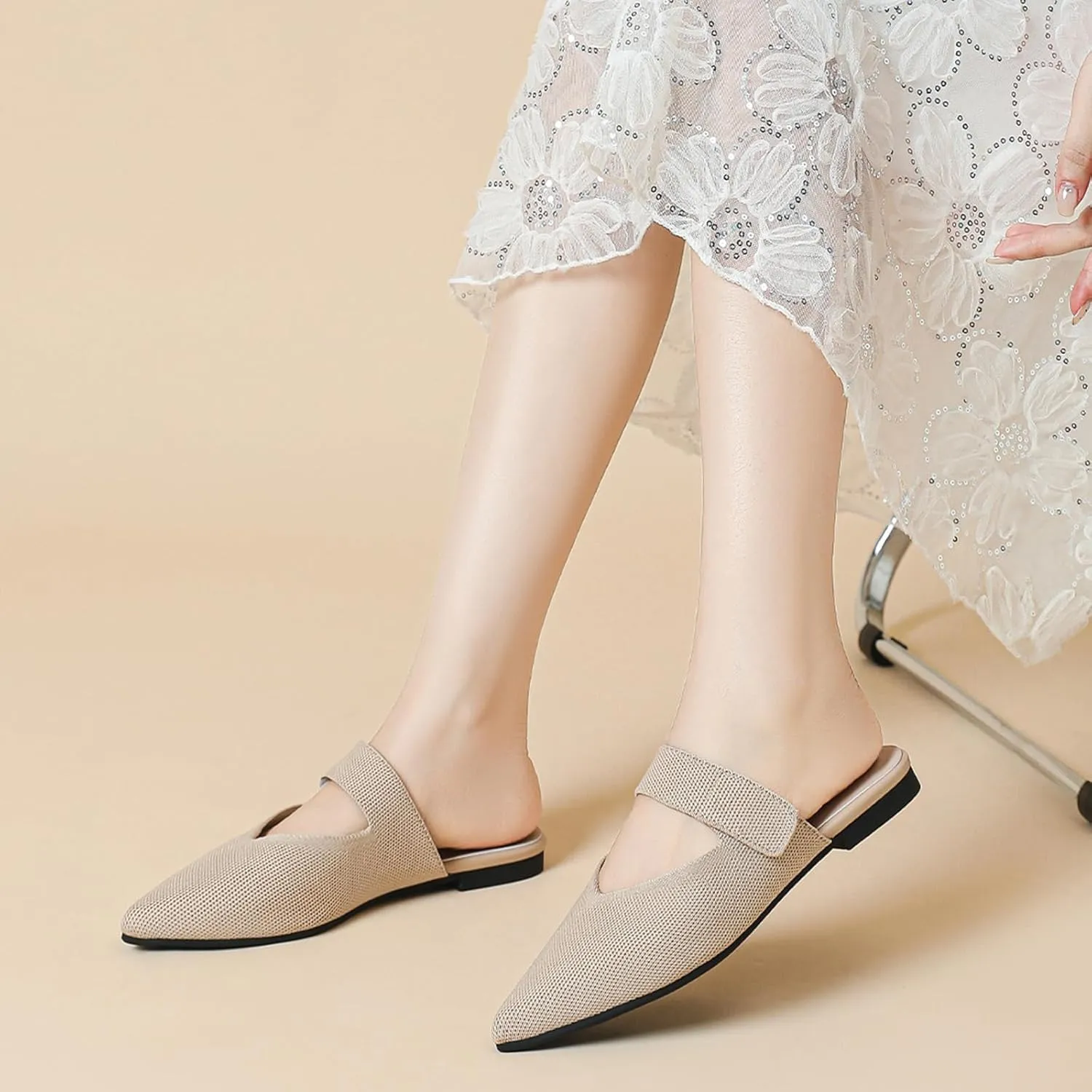 Women's Knitted Pointed Toe Flat Mules Summer Fashion Hook&Loop Slide Slippers Comfortable Slip On Breathable Backless Mesh Casual Flats Sandals mules for women
