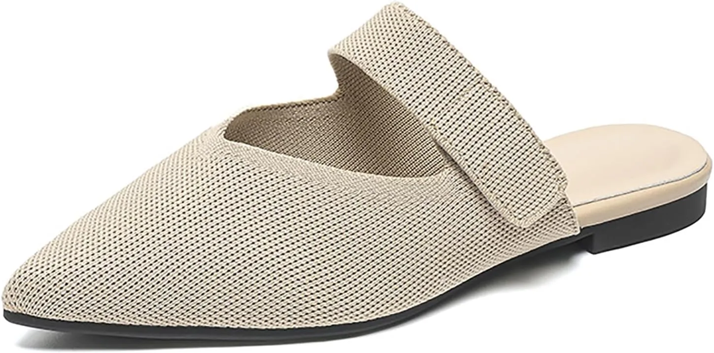 Women's Knitted Pointed Toe Flat Mules Summer Fashion Hook&Loop Slide Slippers Comfortable Slip On Breathable Backless Mesh Casual Flats Sandals mules for women