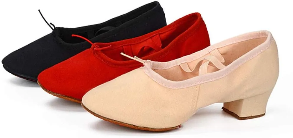 Womens Latin Dance Shoes Close Toe Beginner Ballroom Dance Practice Shoes Low Heel Canvas Tango Teaching Shoes