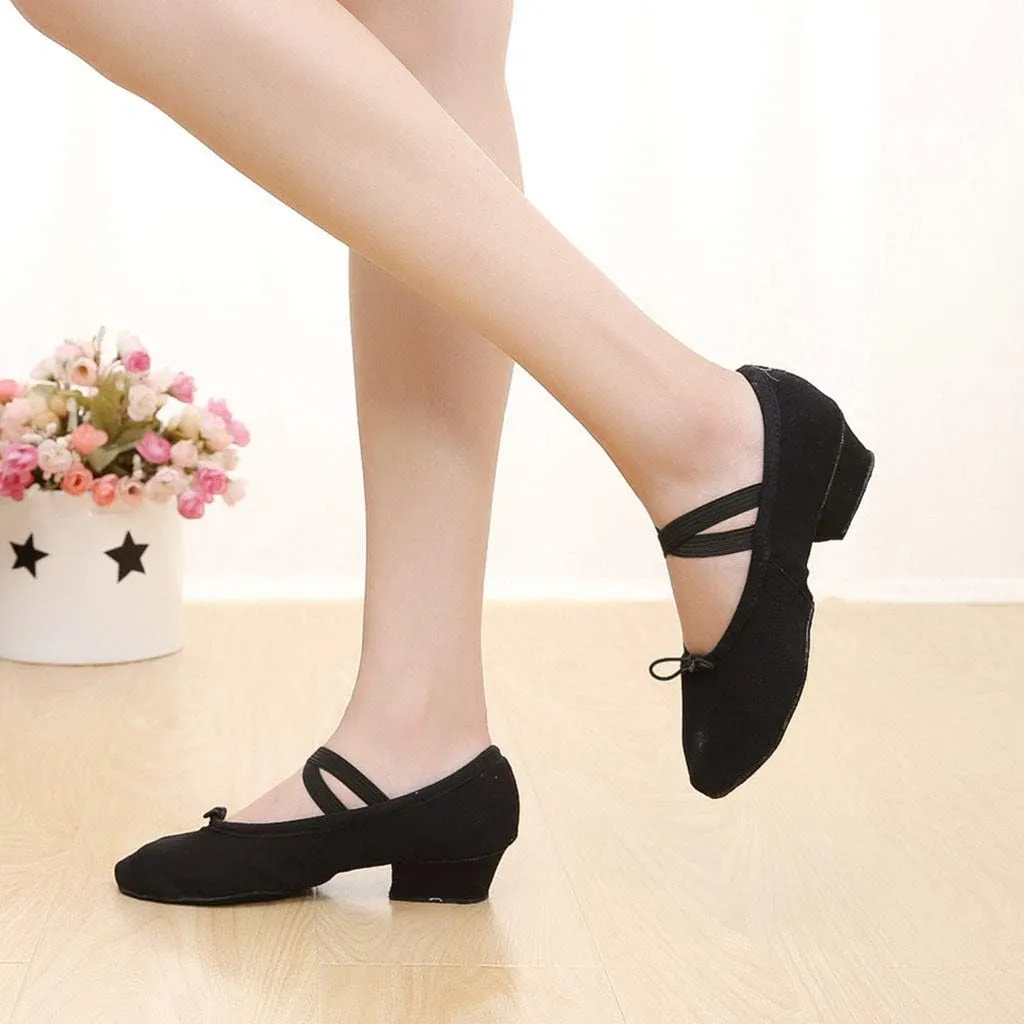 Womens Latin Dance Shoes Close Toe Beginner Ballroom Dance Practice Shoes Low Heel Canvas Tango Teaching Shoes