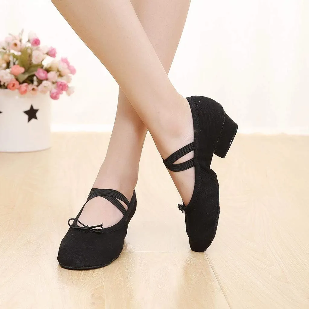 Womens Latin Dance Shoes Close Toe Beginner Ballroom Dance Practice Shoes Low Heel Canvas Tango Teaching Shoes