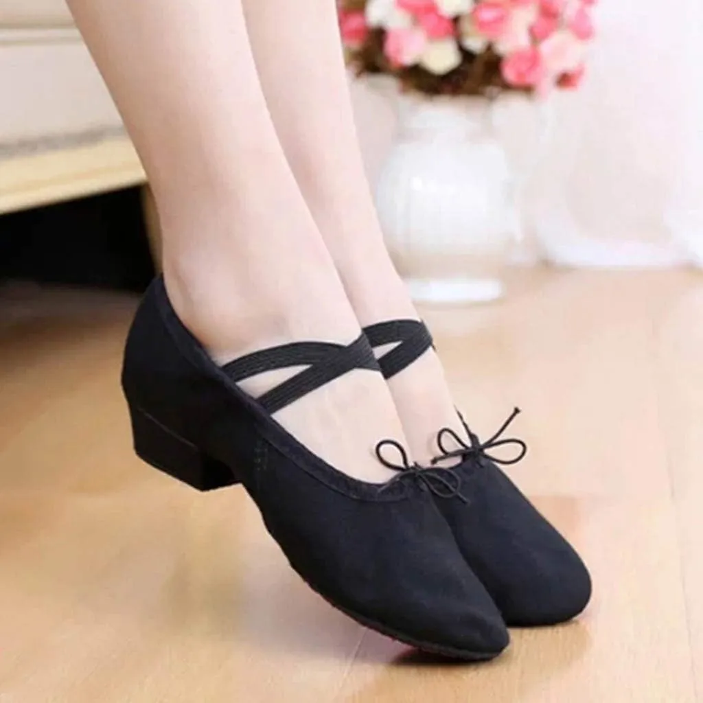 Womens Latin Dance Shoes Close Toe Beginner Ballroom Dance Practice Shoes Low Heel Canvas Tango Teaching Shoes