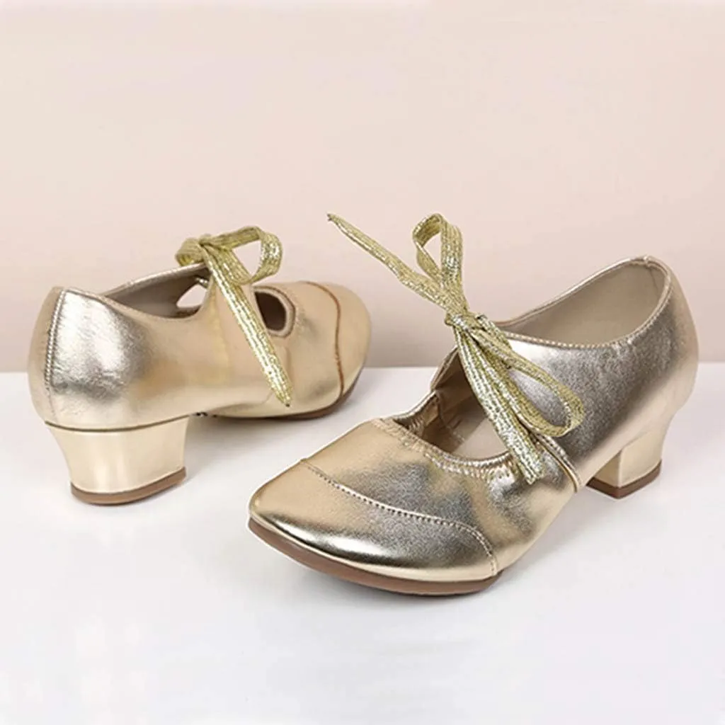 Women's Leather Tap Shoe Latin Dancing Shoes Flapper Shoes for Women 1920S Mid Heel Character Ballroom Dance Shoe