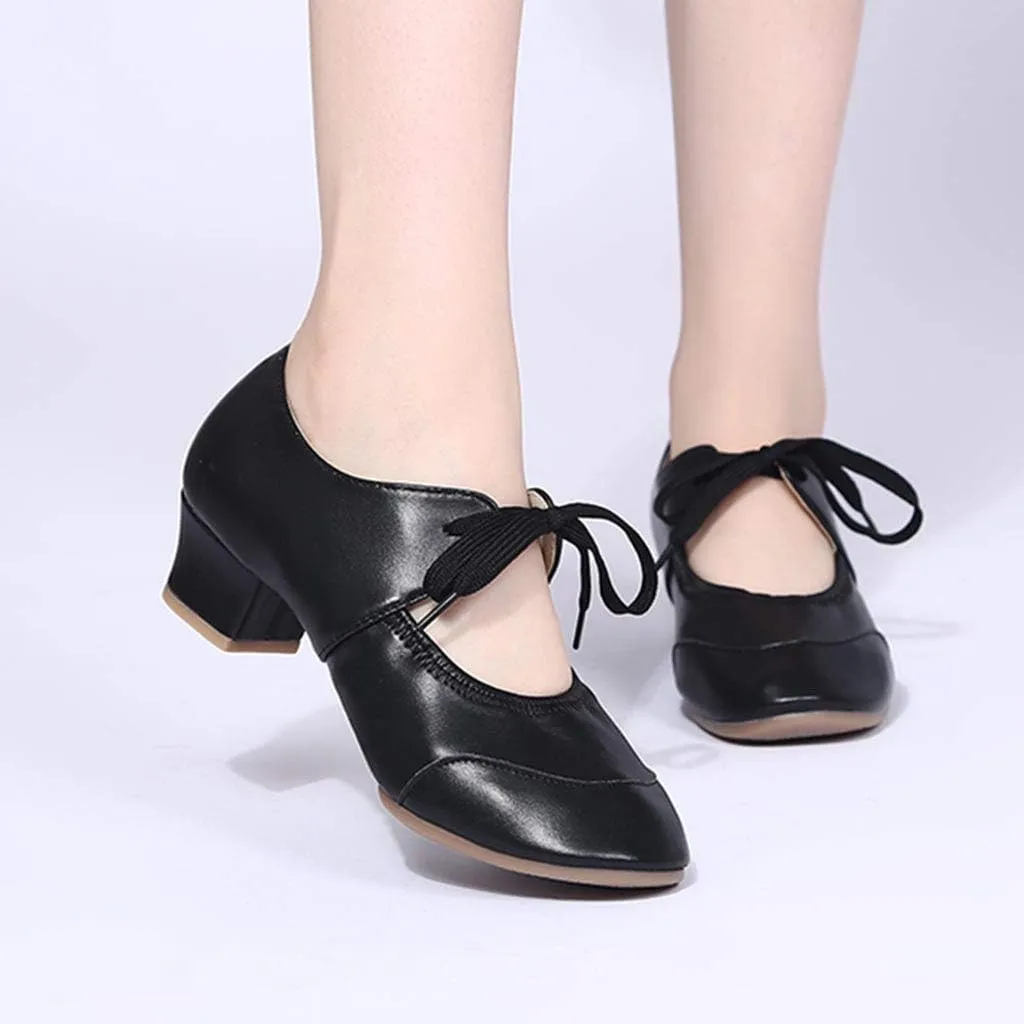 Women's Leather Tap Shoe Latin Dancing Shoes Mid Heel Character Ballroom Wedding Ballet Dance Shoe for Women